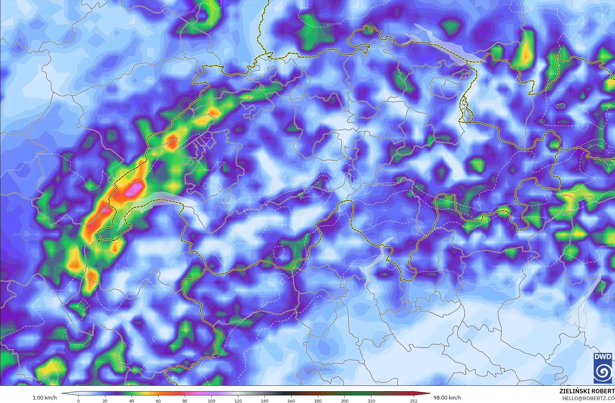 ICON model - Switzerland, Wind Gusts Peak