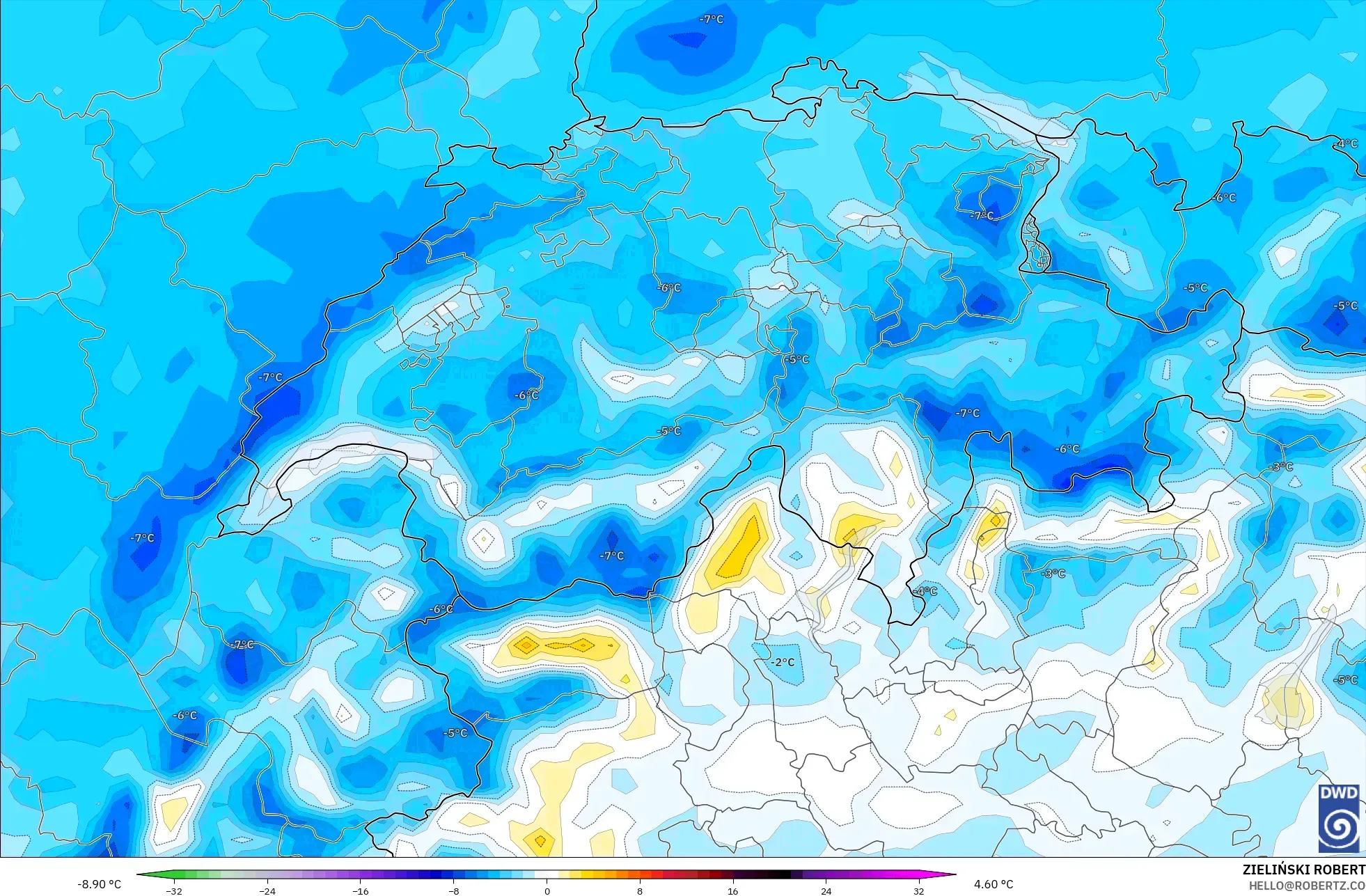 ICON model - Switzerland, Temperature at 2m Anomaly