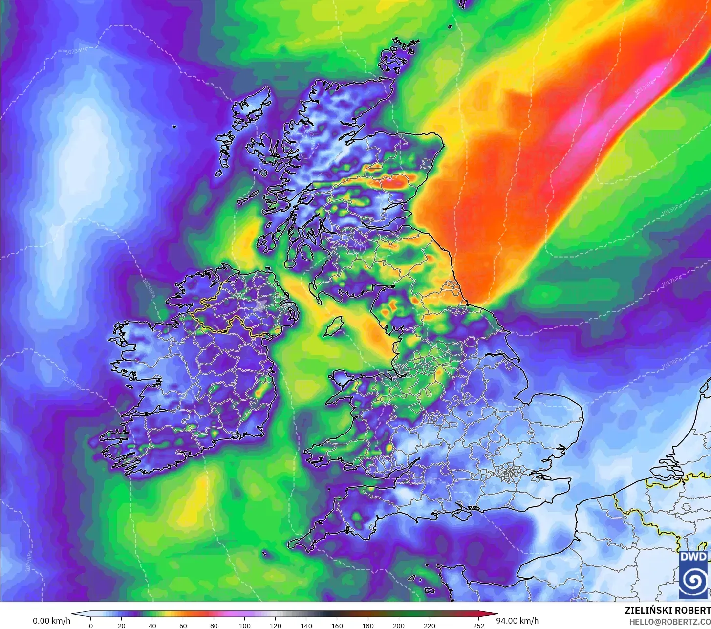ICON model - United Kingdom, Wind Gusts