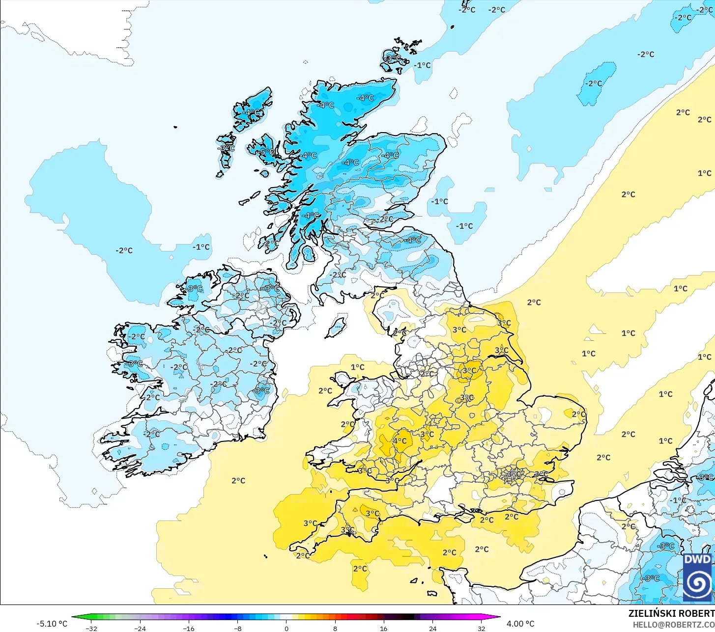 ICON model - United Kingdom, Temperature at 2m Anomaly