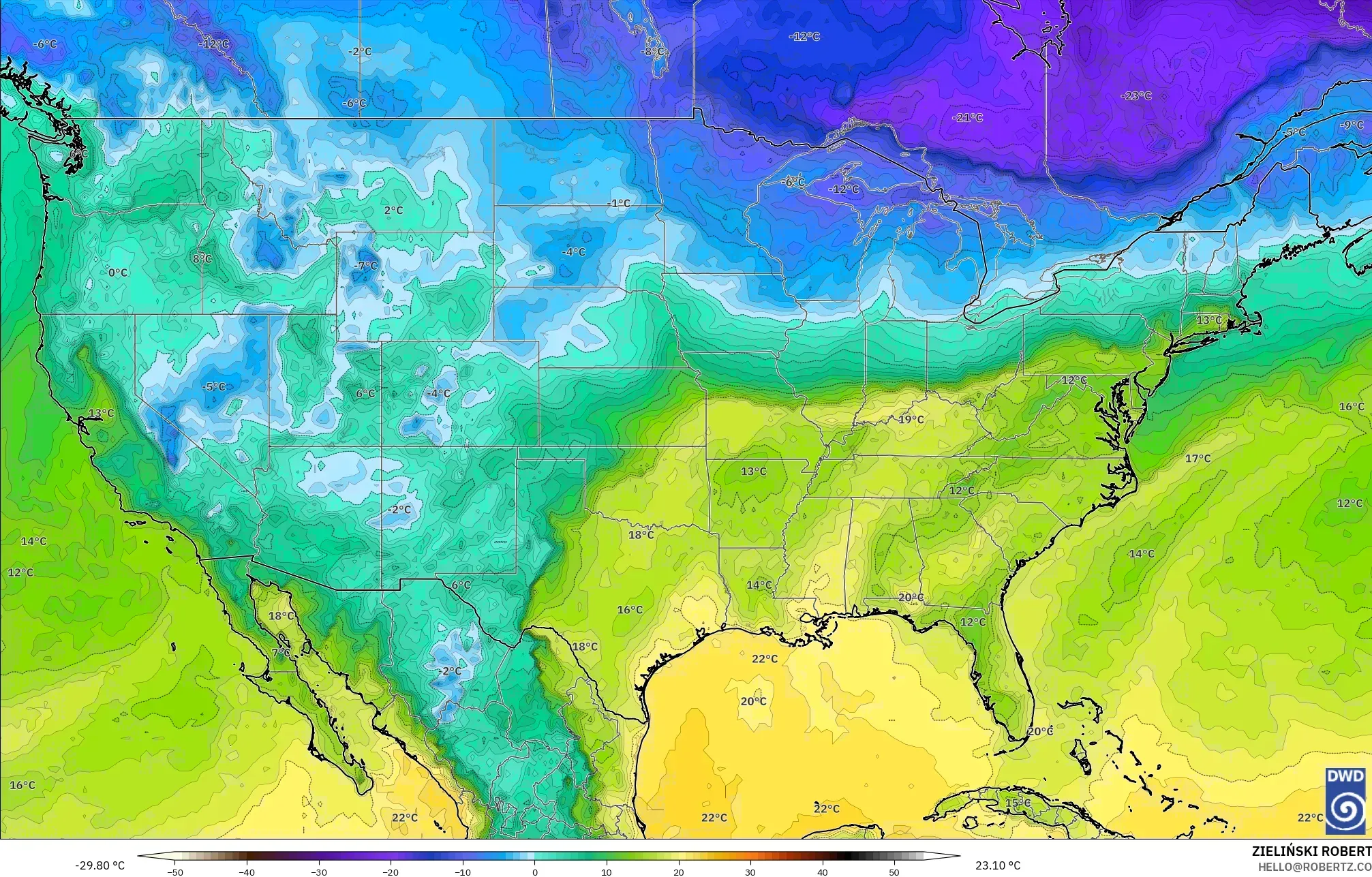 ICON model - United States, Dewpoint at 2m
