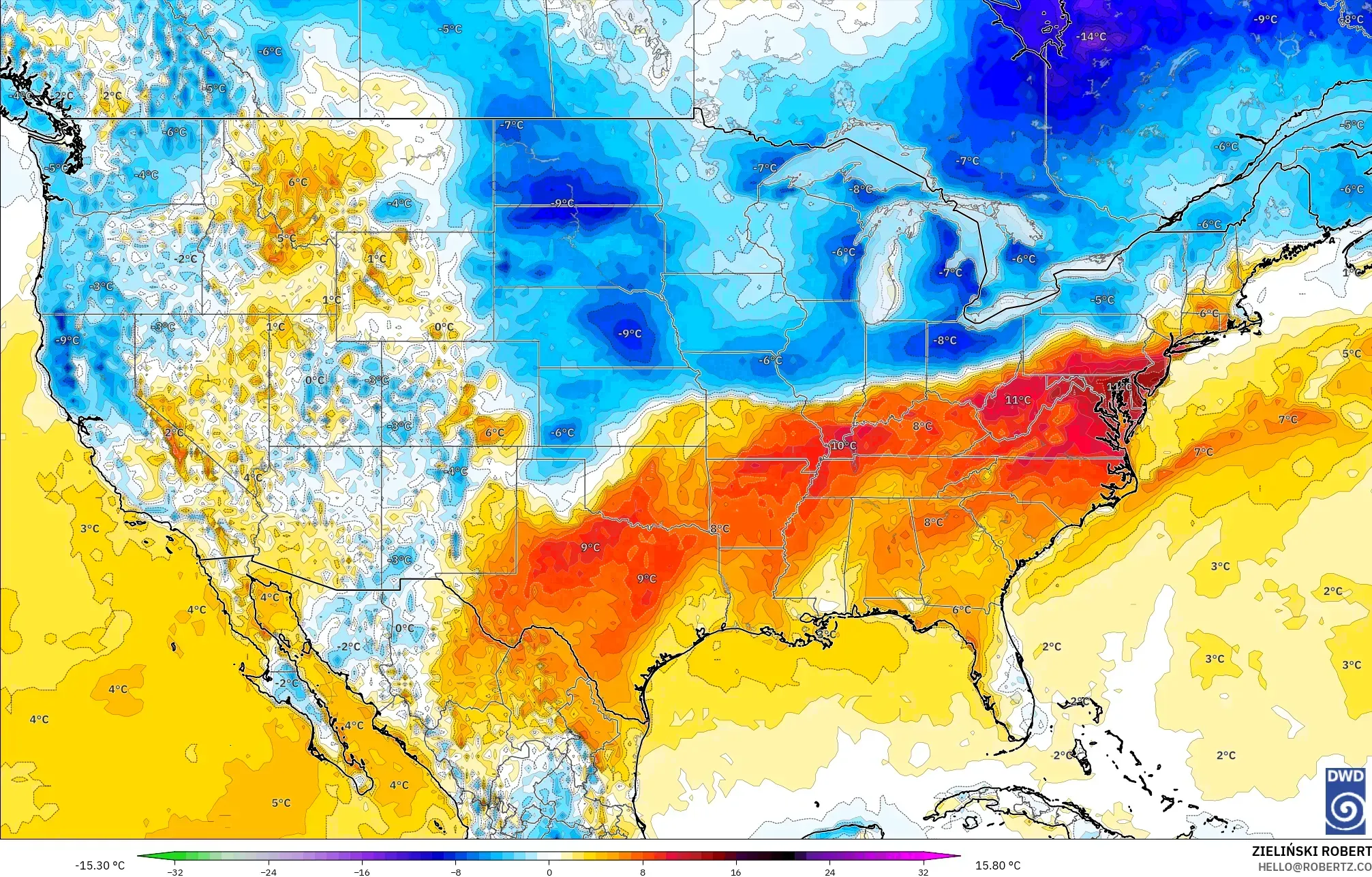 ICON model - United States, Temperature at 2m Anomaly