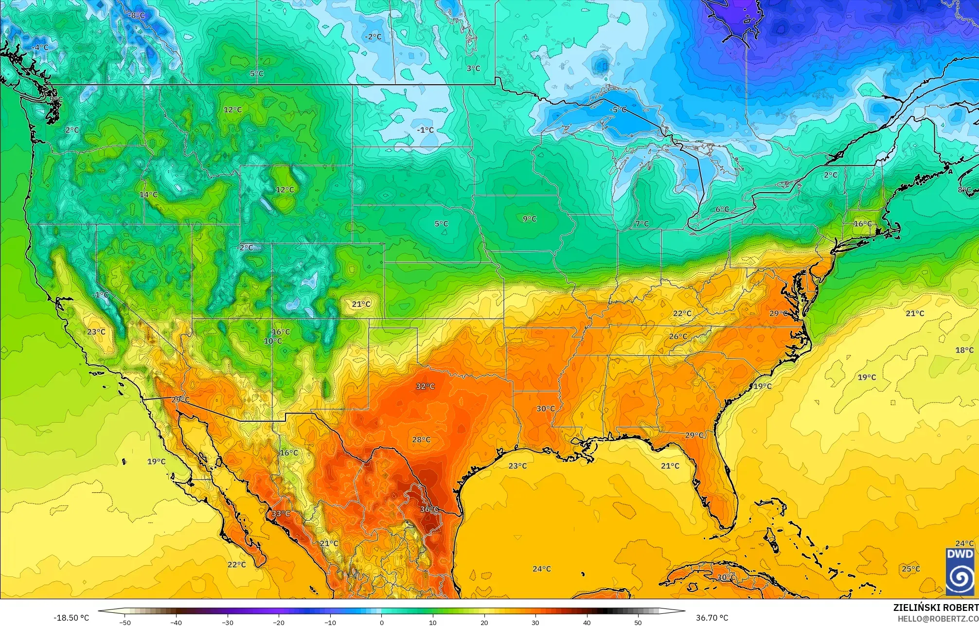 ICON model - United States, Temperature at 2m