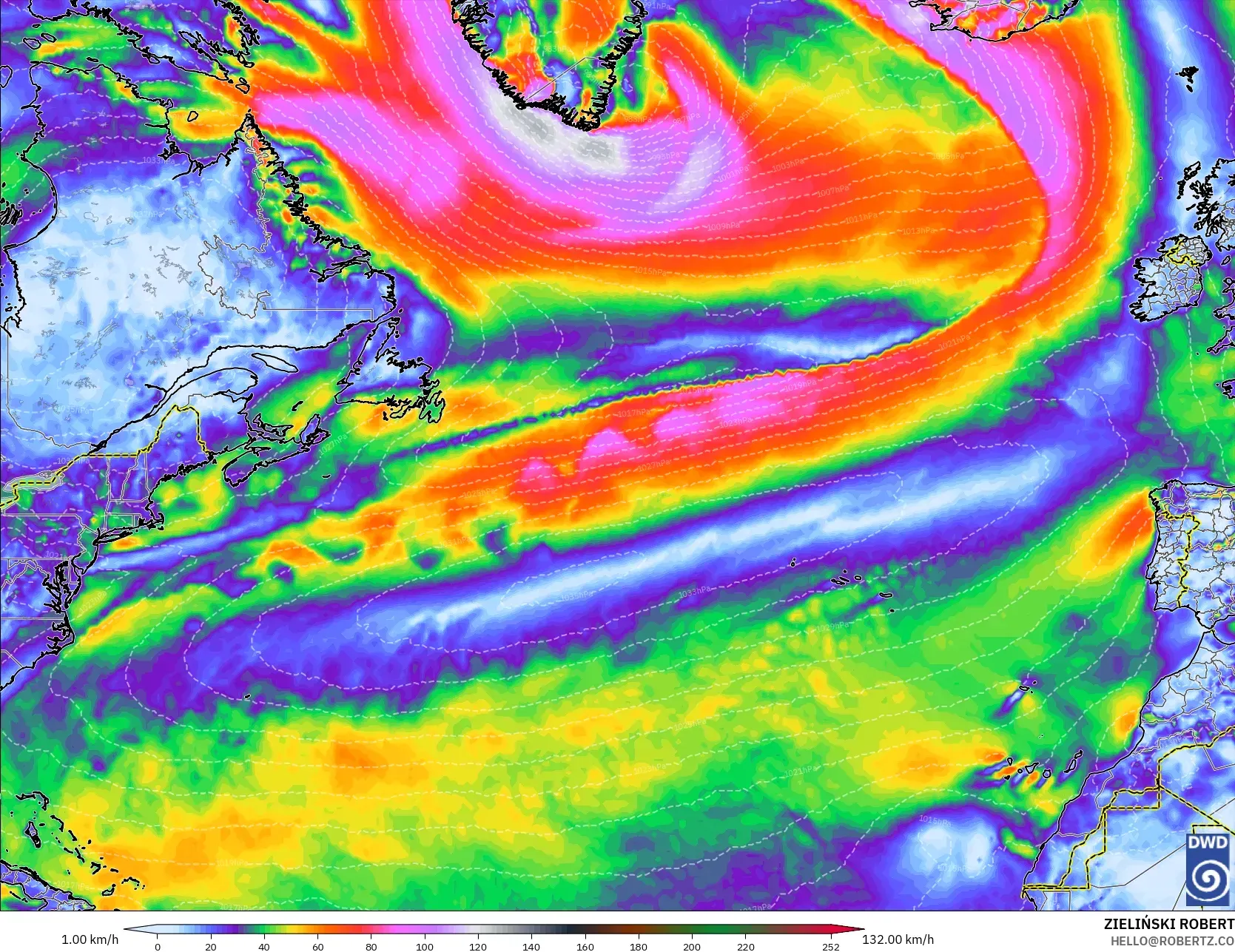 ICON model - North Atlantic, Wind Gusts Peak
