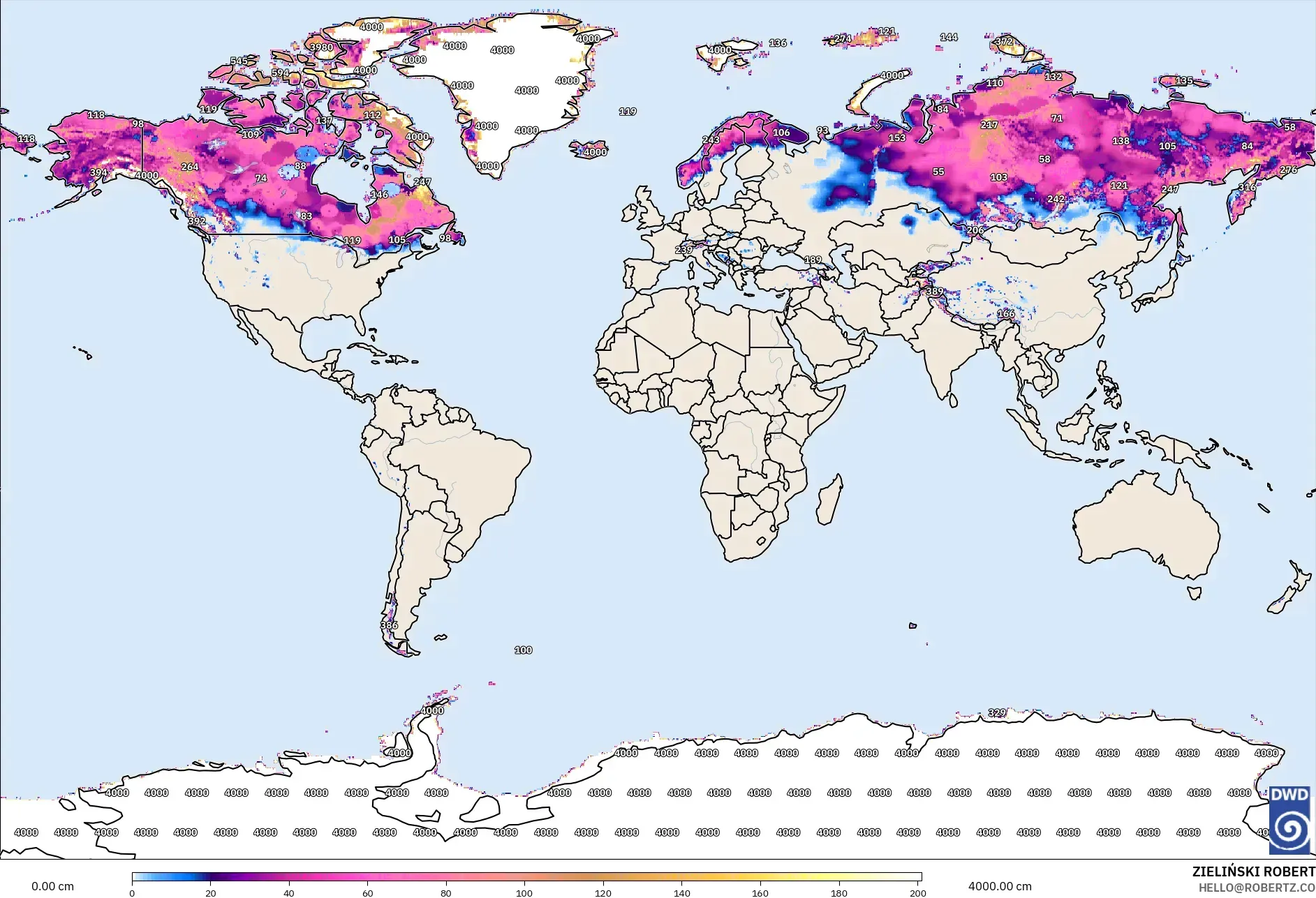 ICON model - World, Snow Depth