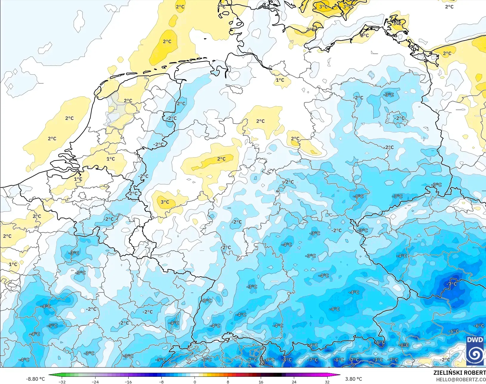 ICON model - Germany, Temperature at 2m Anomaly