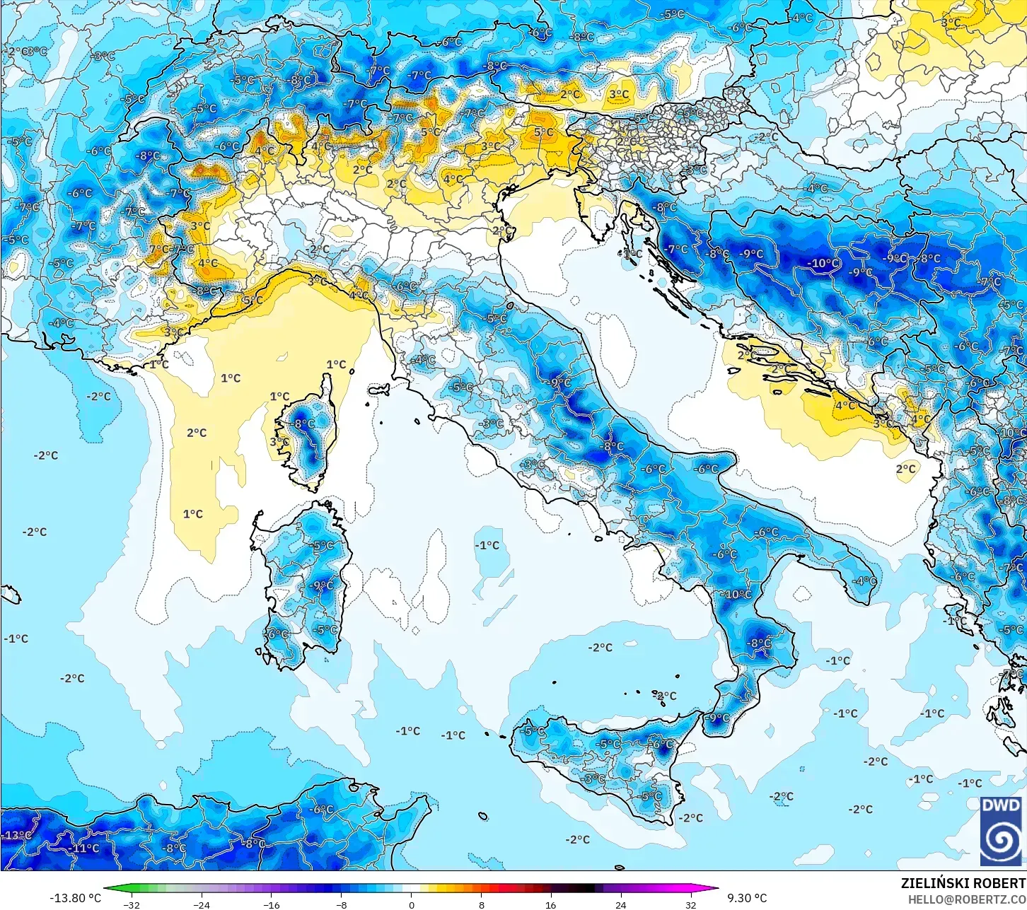 ICON model - Italy, Temperature at 2m Anomaly