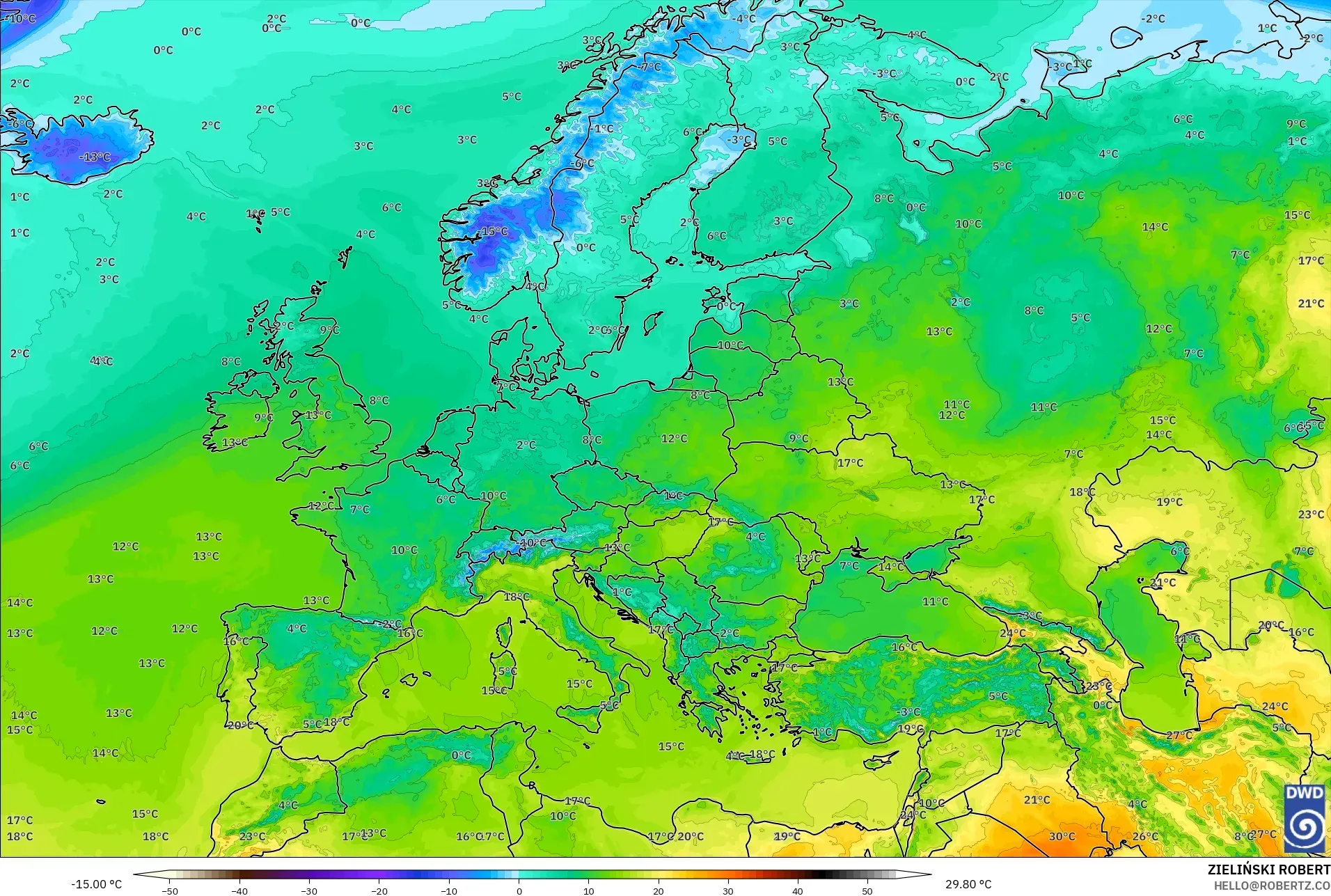 ICON model - Europe, Temperature at 2m