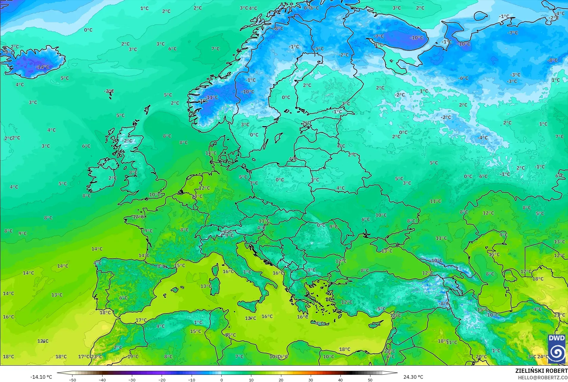ICON model - Europe, Temperature at 2m