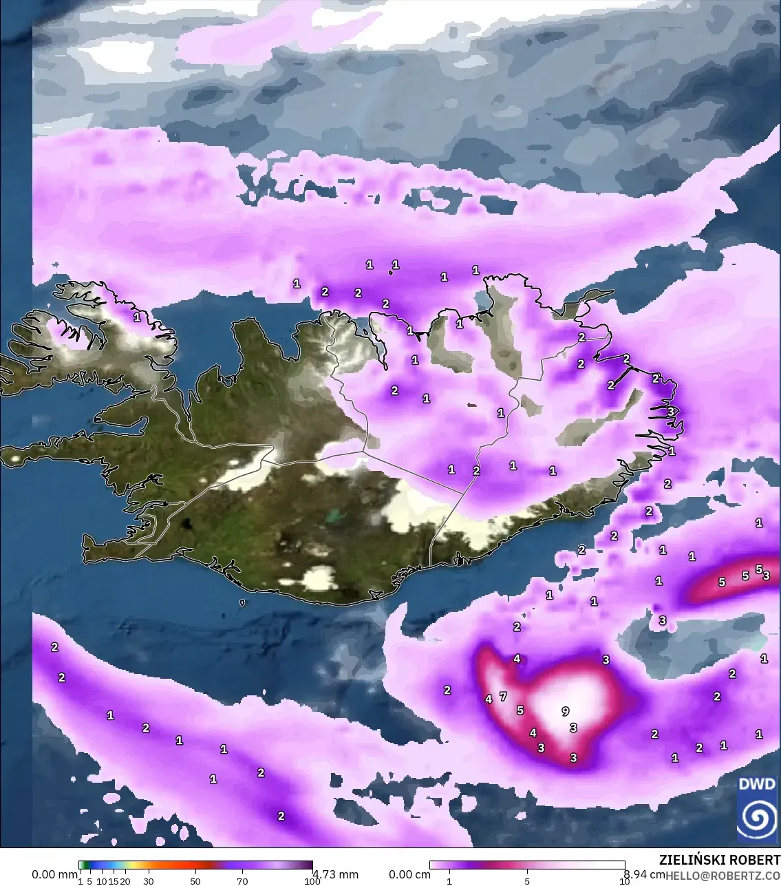 ICON model - Iceland, Precipitation, Clouds, and Pressure