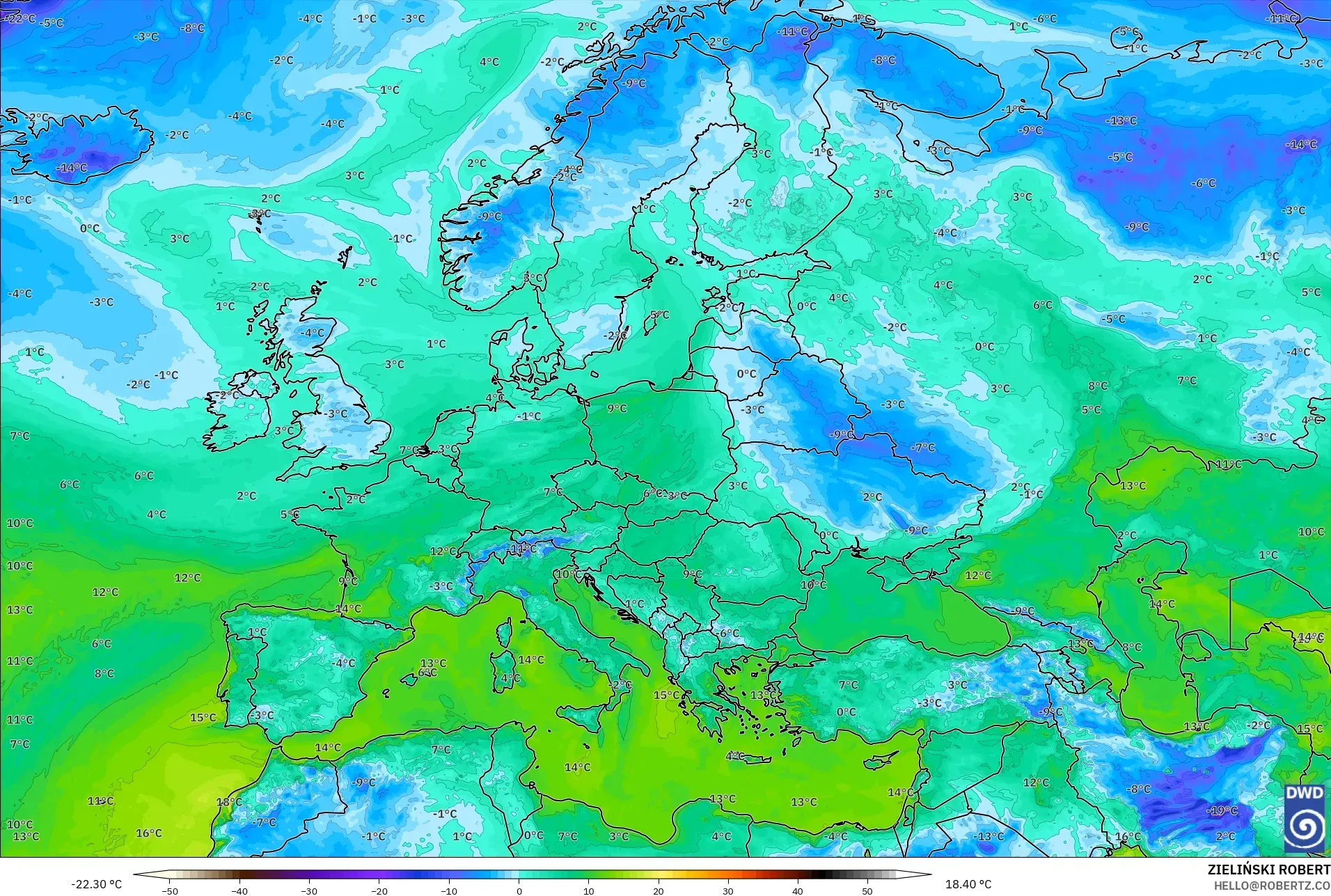 ICON model - Europe, Dewpoint at 2m