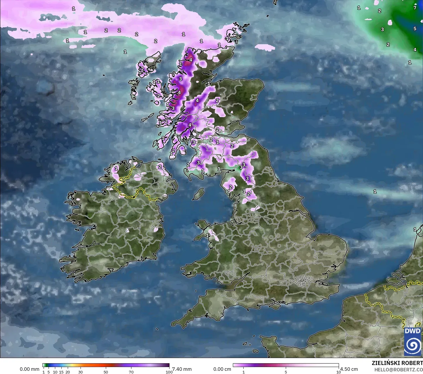 ICON model - United Kingdom, Precipitation, Clouds, and Pressure