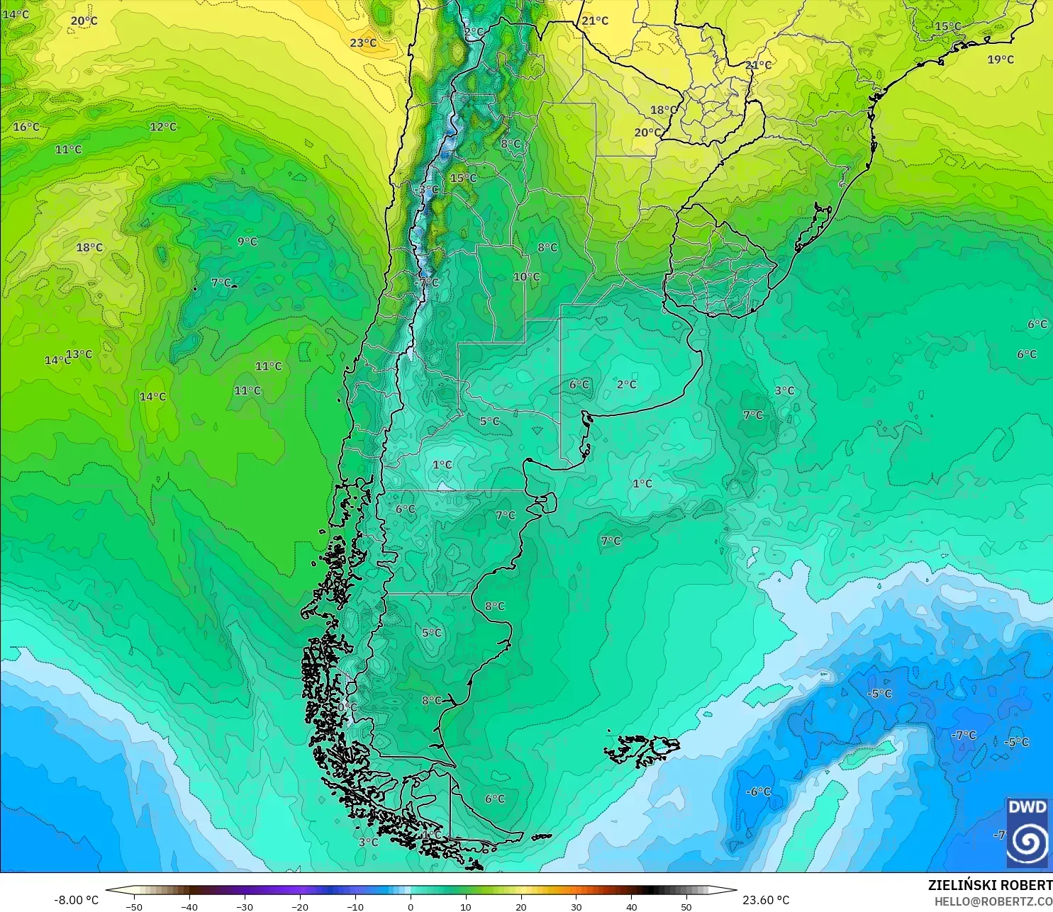 ICON model - Argentina, Temperature at 850hPa