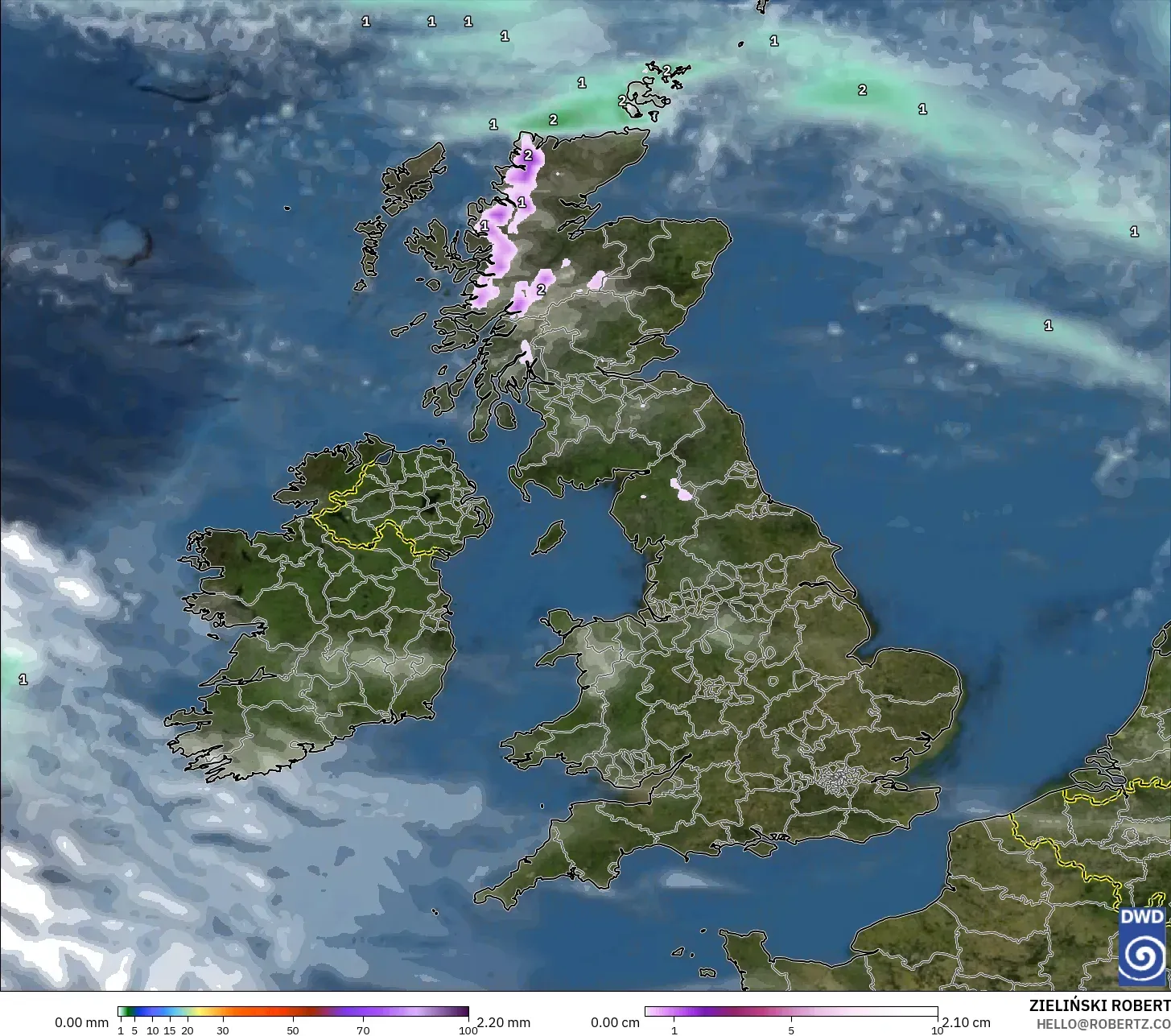 ICON model - United Kingdom, Precipitation, Clouds, and Pressure
