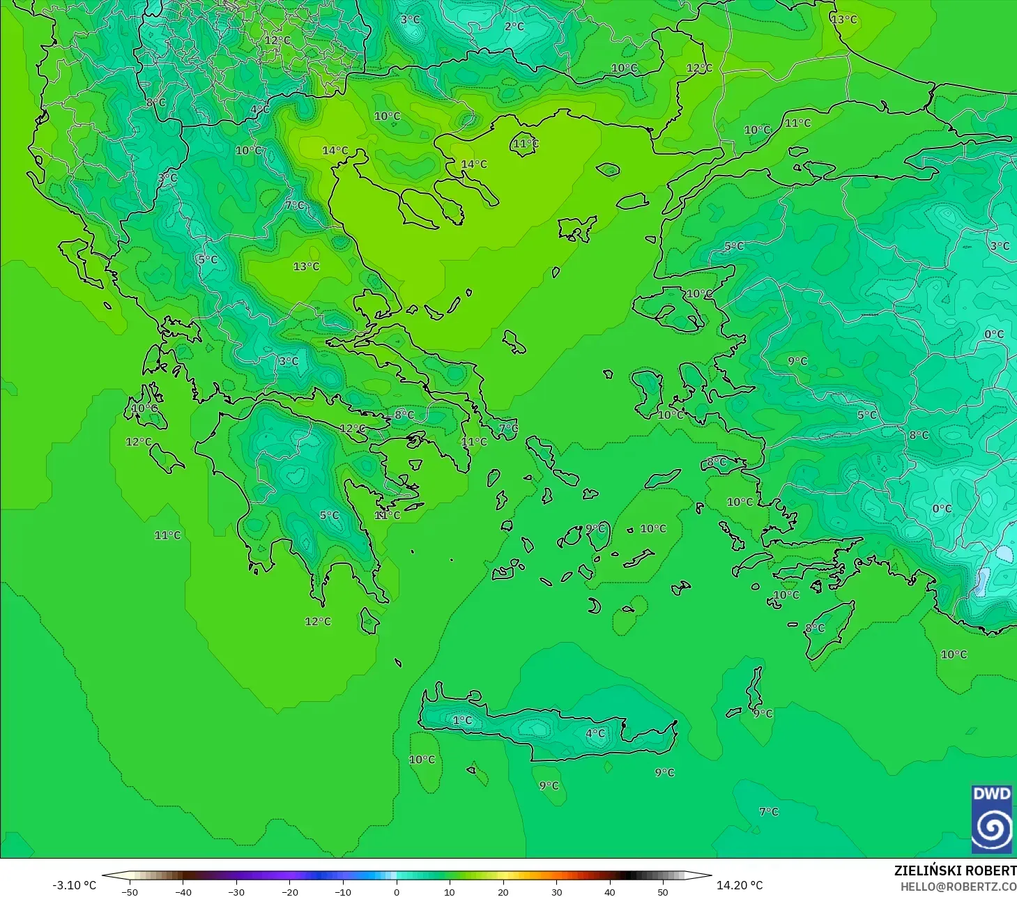 ICON model - Greece, Temperature at 850hPa