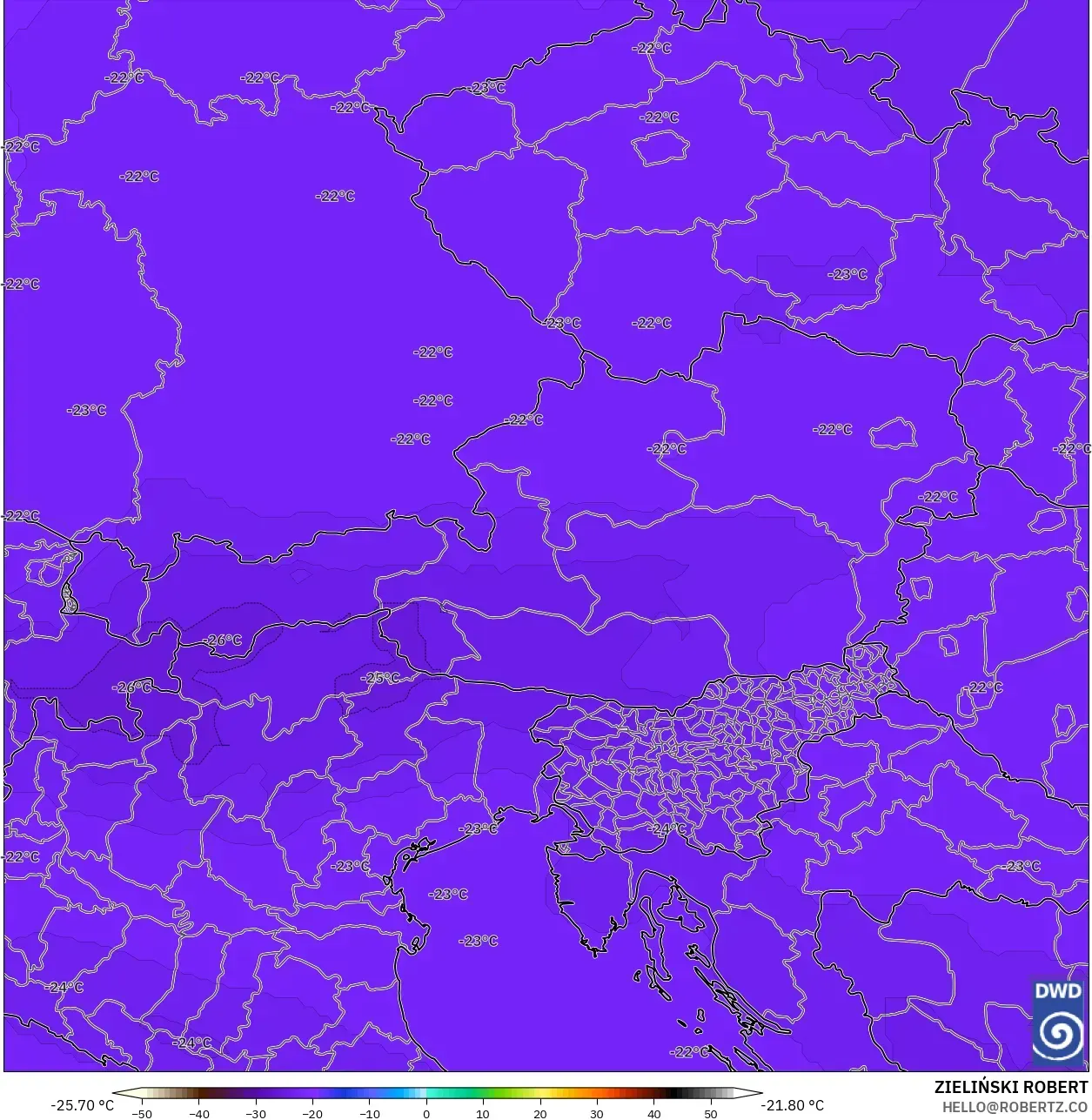 ICON model - Austria, Temperature at 500hPa