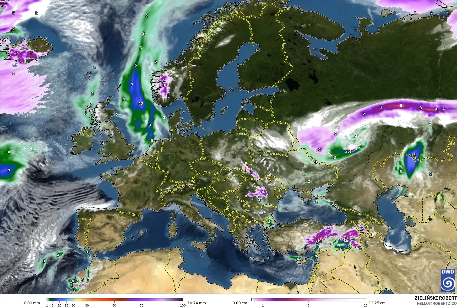 ICON model - Eropah, Hujan, Awan dan Tekanan