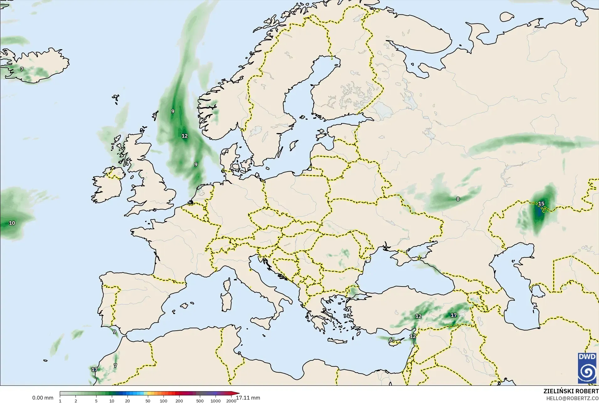 ICON model - Eropah, Pengumpulan Hujan