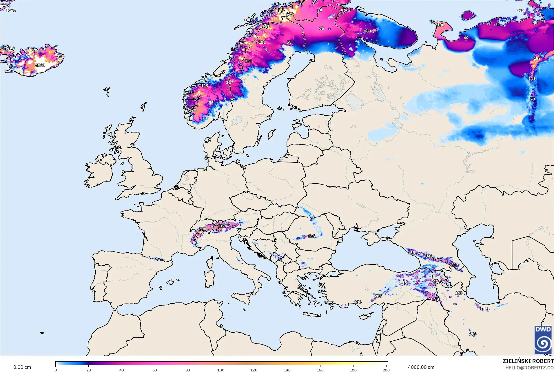 ICON model - Eropah, Ketebalan Salji