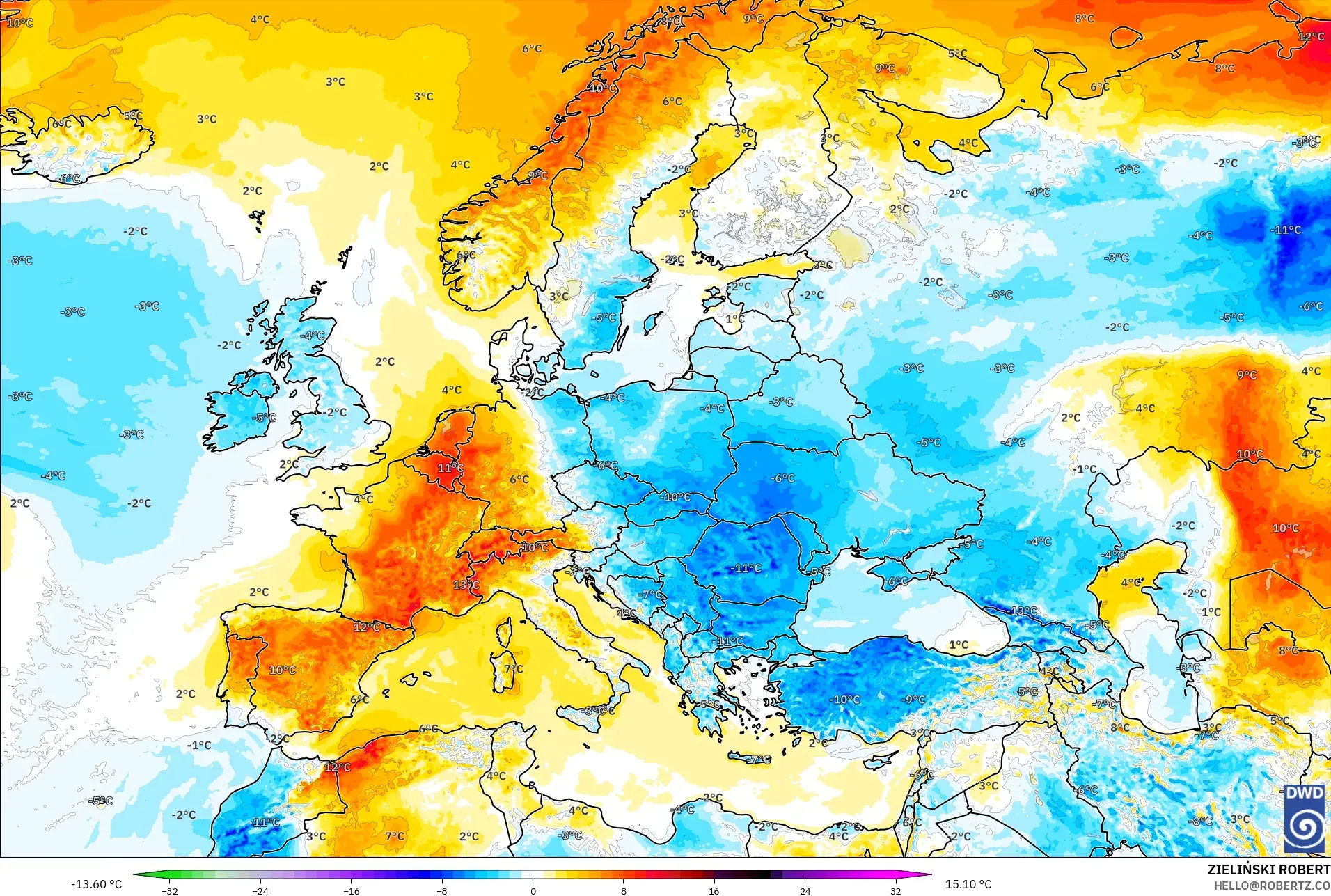 ICON model - Eropah, Anomali Suhu 2 m