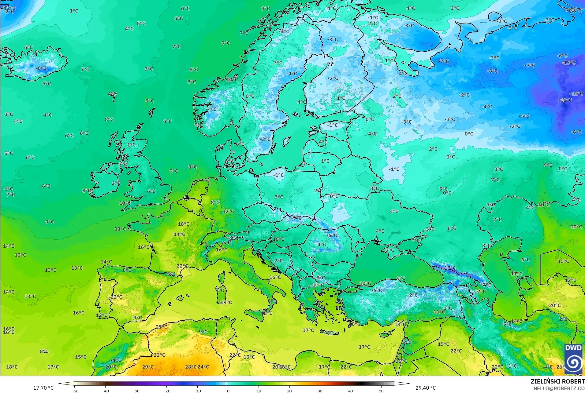 ICON model - Eropah, Suhu pada 2 m