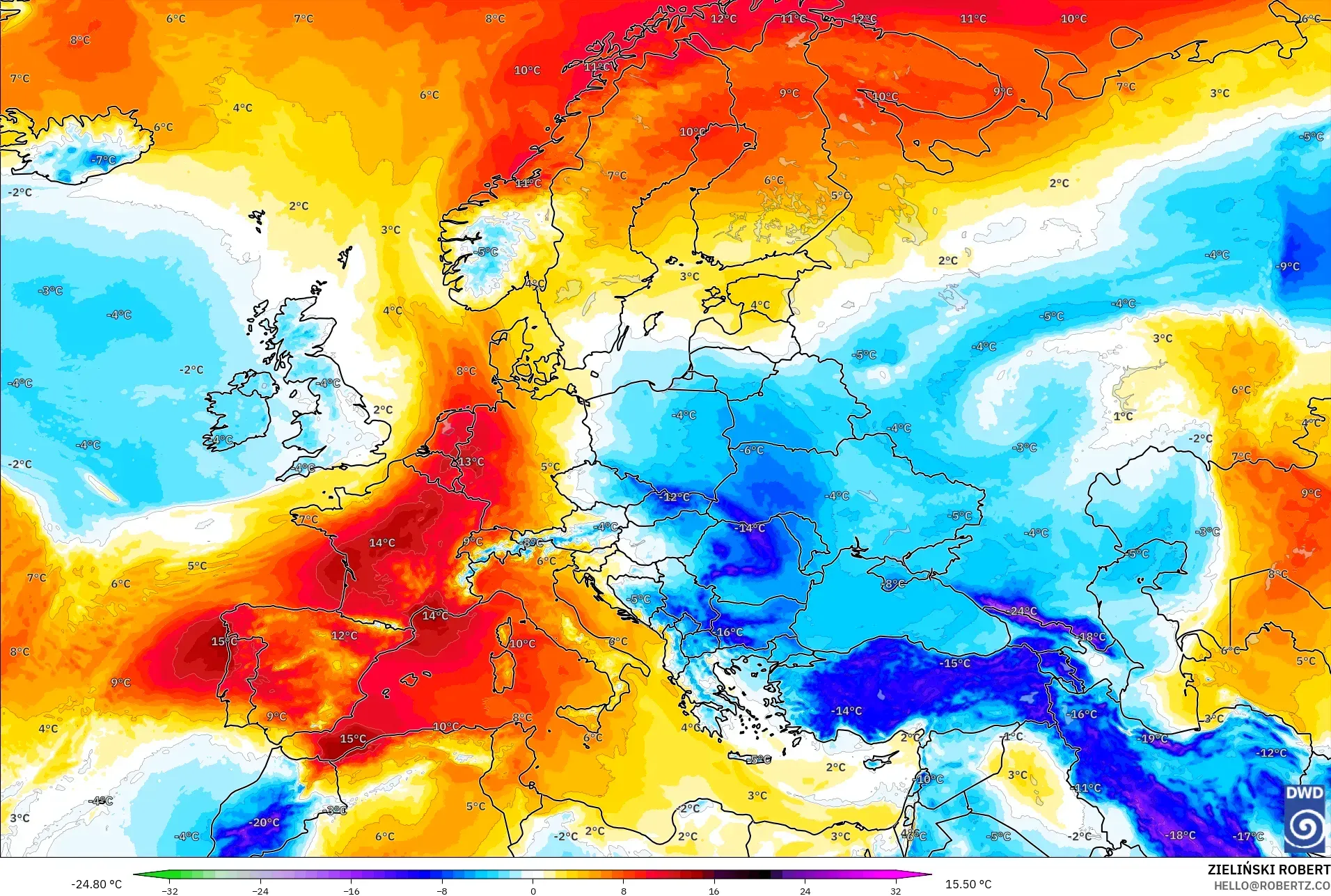 ICON model - Eropah, Anomali Suhu 850 hPa