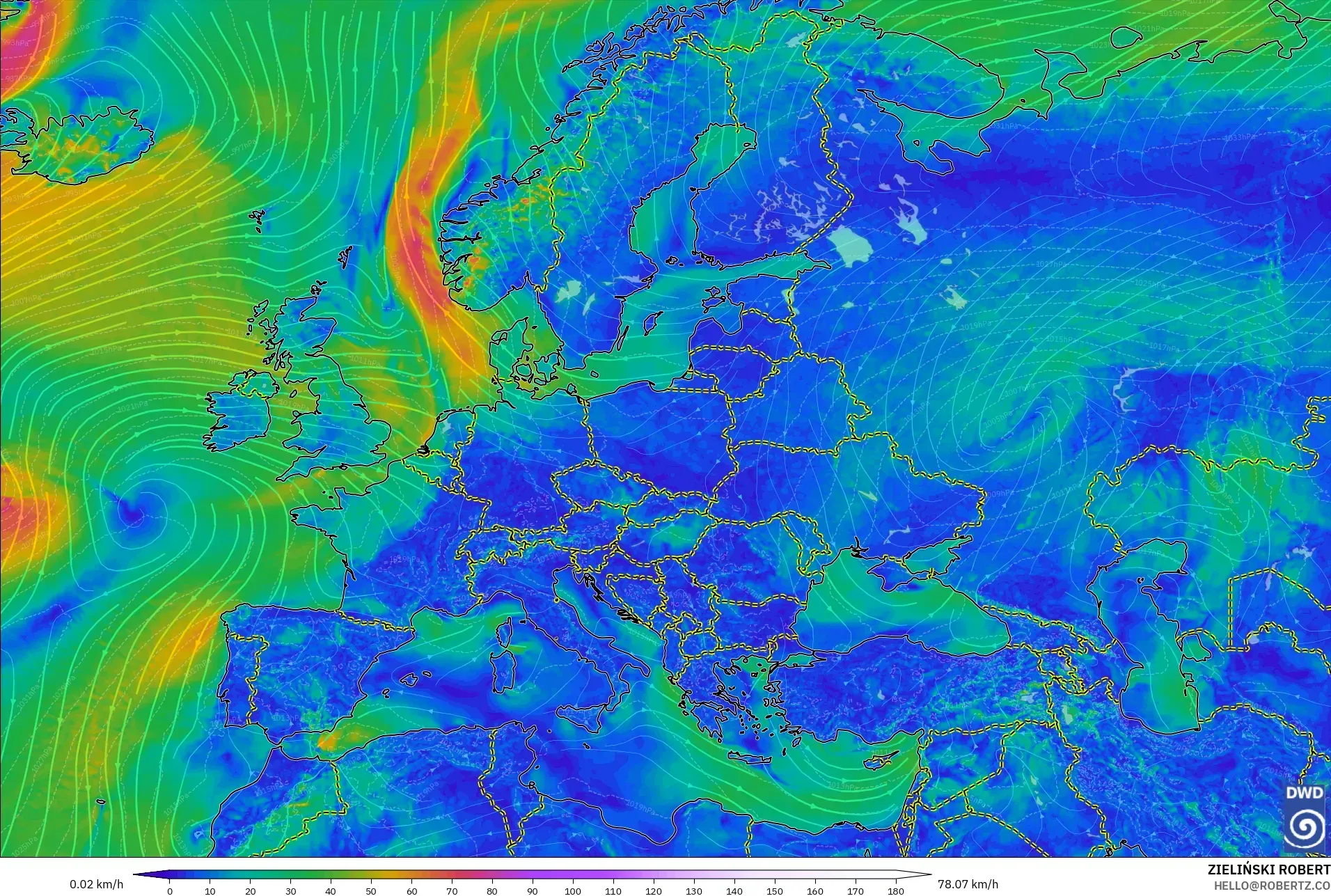 ICON model - Eropah, Angin 10 m