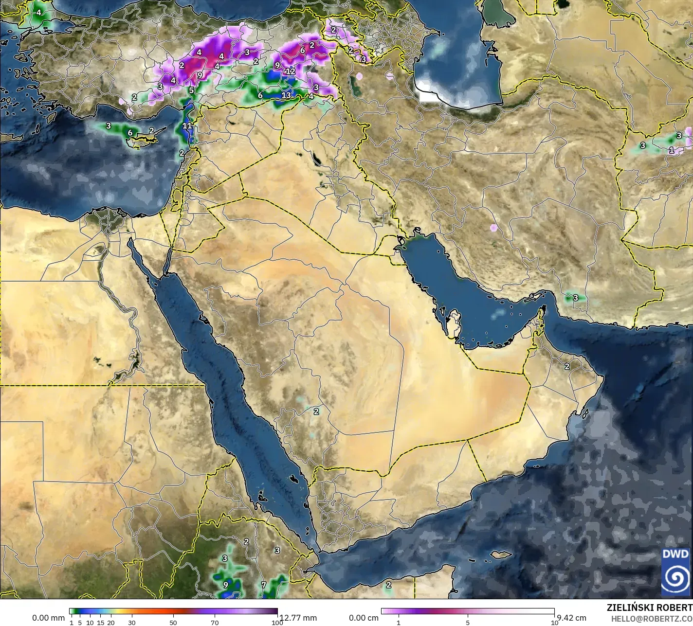 ICON model - Timur Tengah, Hujan, Awan dan Tekanan