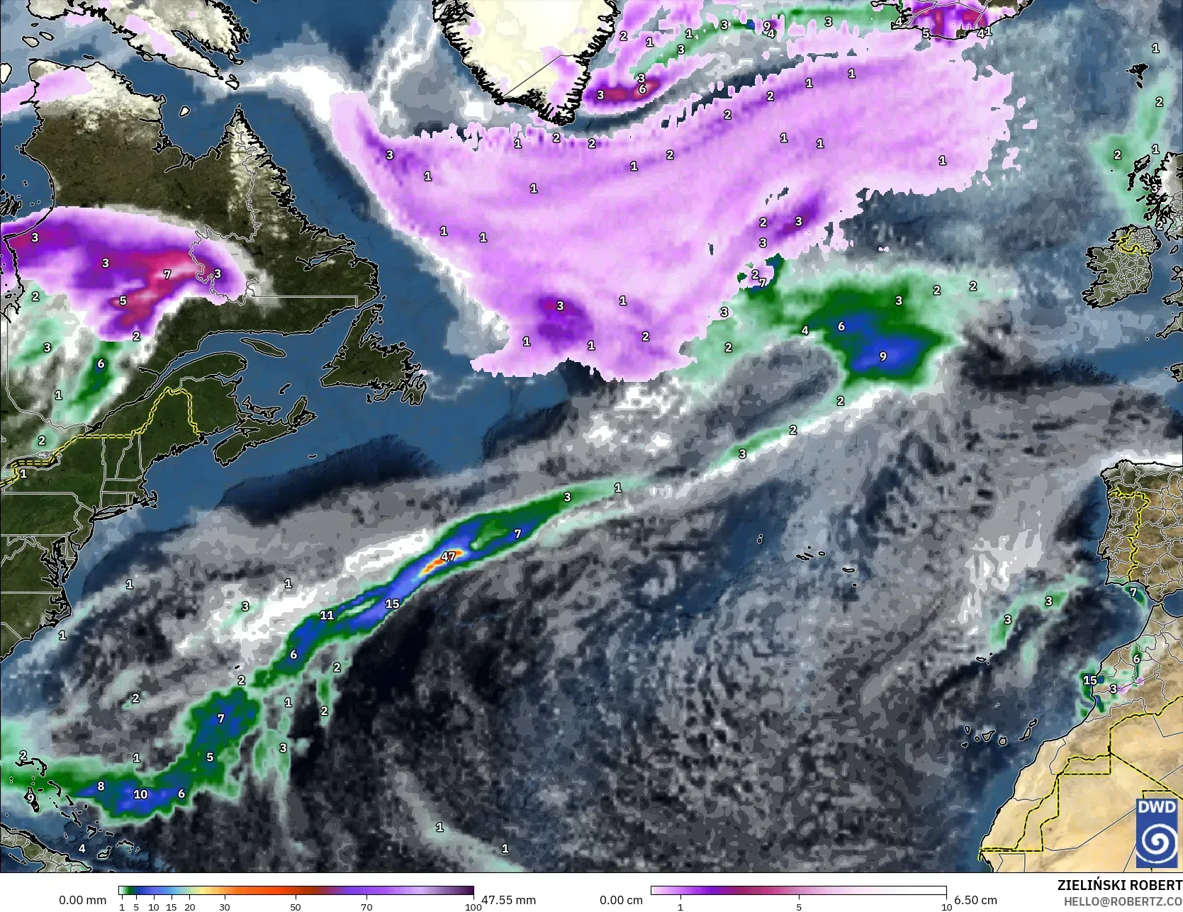 ICON model - Atlantik Utara, Hujan, Awan dan Tekanan
