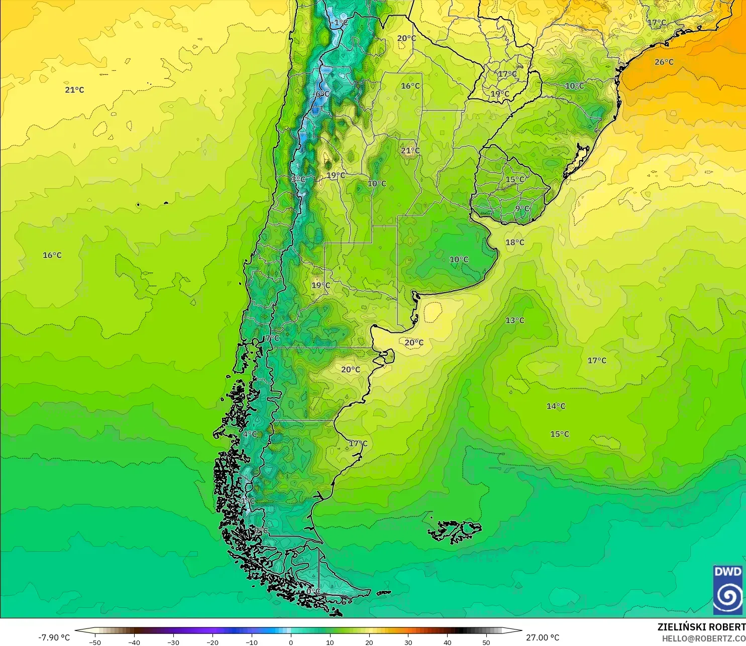 ICON model - Argentina, Suhu pada 2 m