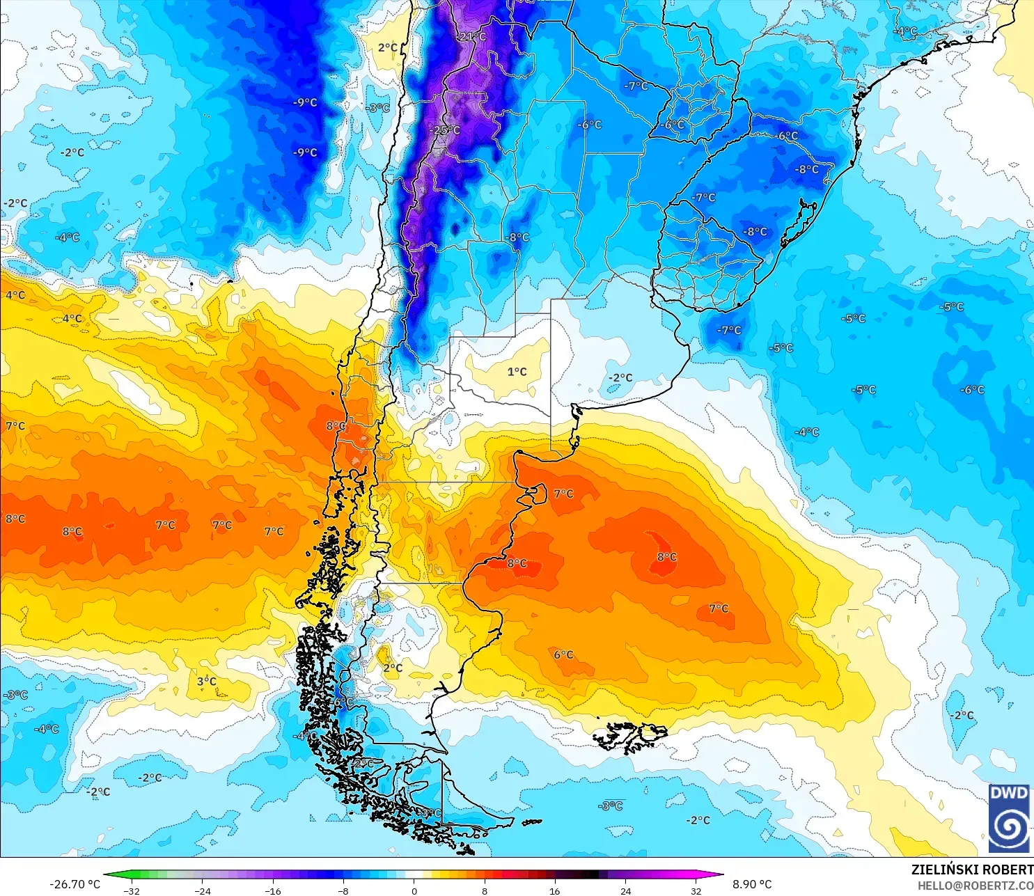 ICON model - Argentina, Anomali Suhu 850 hPa