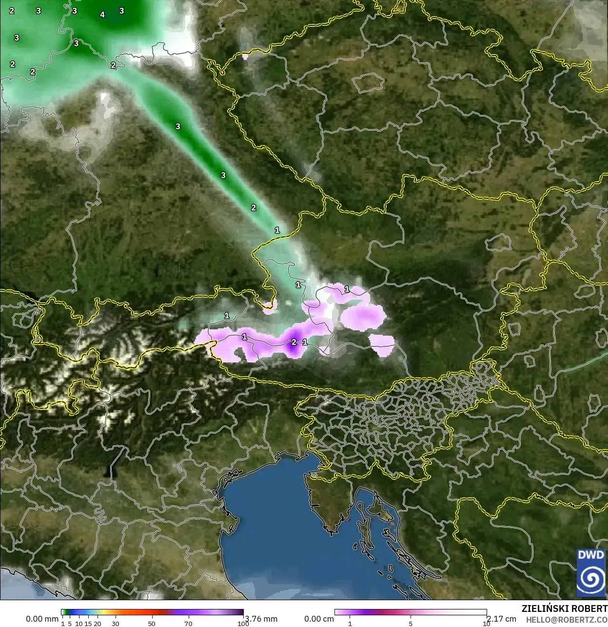 ICON modelo - Austria, Precipitation, Clouds, and Pressure