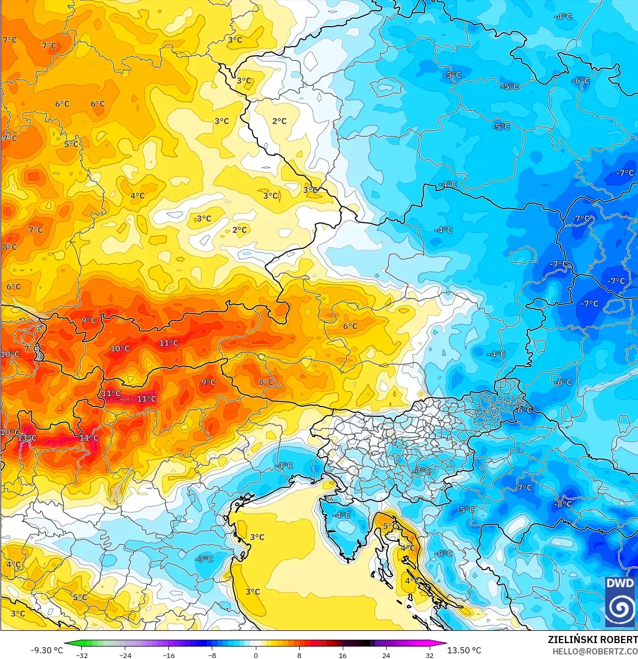 ICON modelo - Austria, Temperature at 2m Anomaly