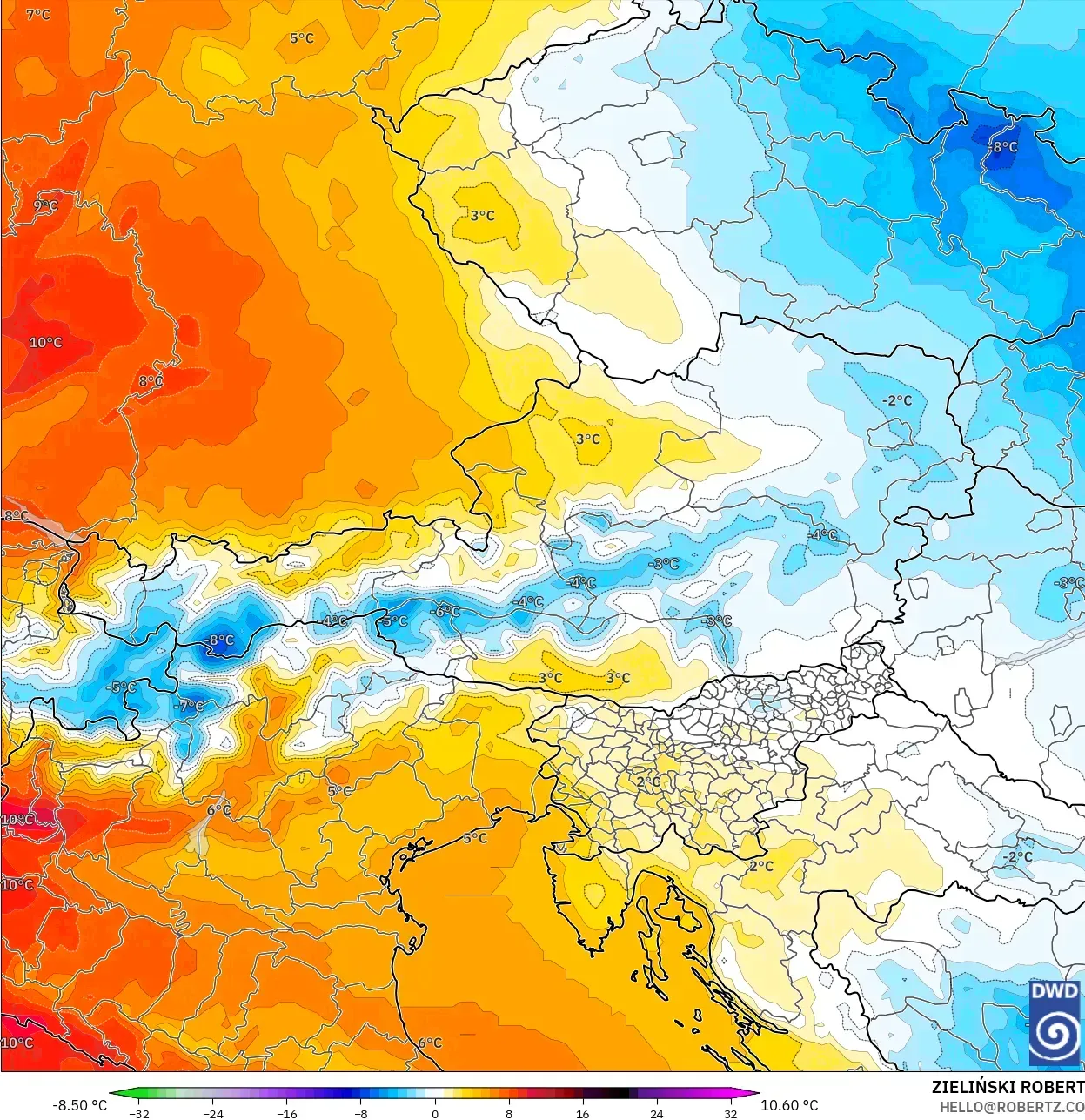 ICON model - Austria, Anomali Suhu 850 hPa