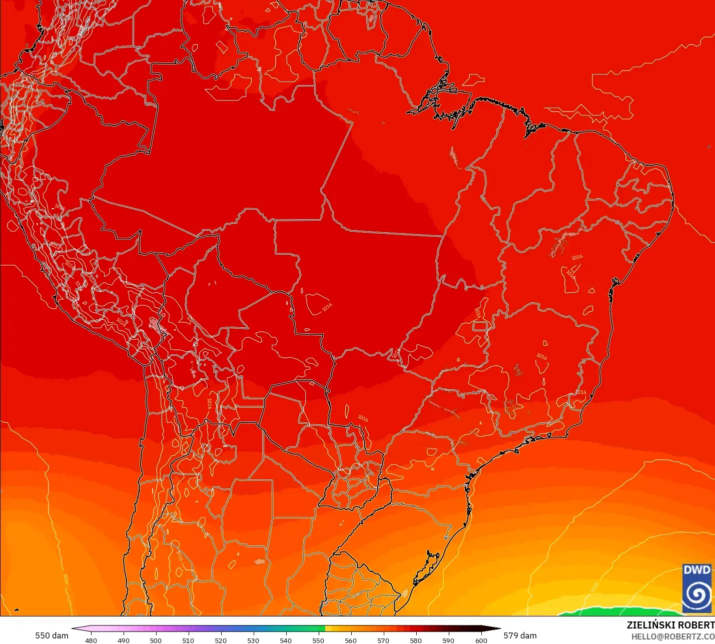 ICON modelo - Brazil, Geopotential height at 500hPa
