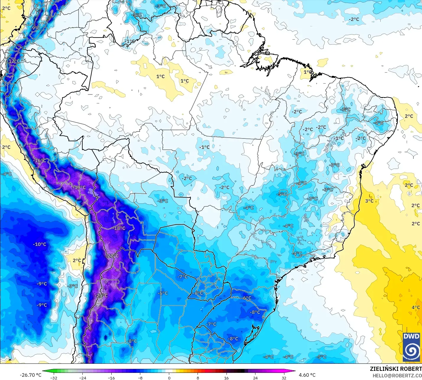 ICON modelo - Brazil, Temperature at 850hPa Anomaly