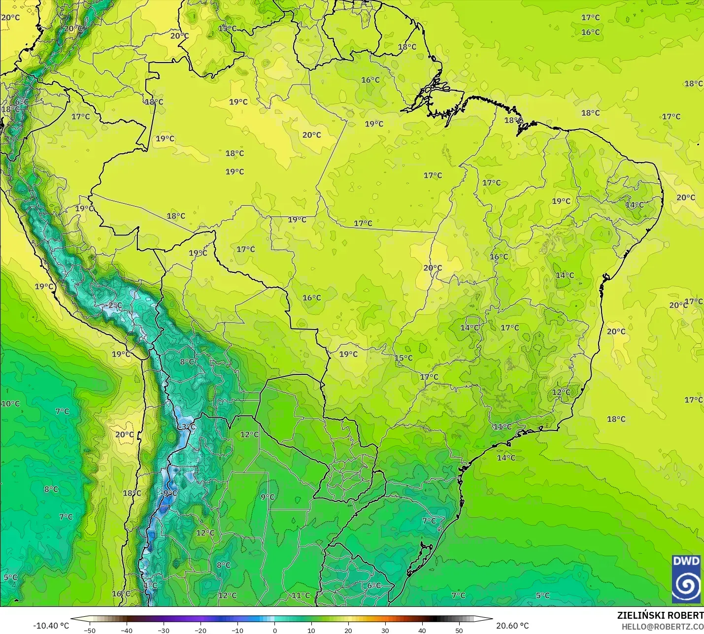ICON model - Brazil, Suhu 850 hPa
