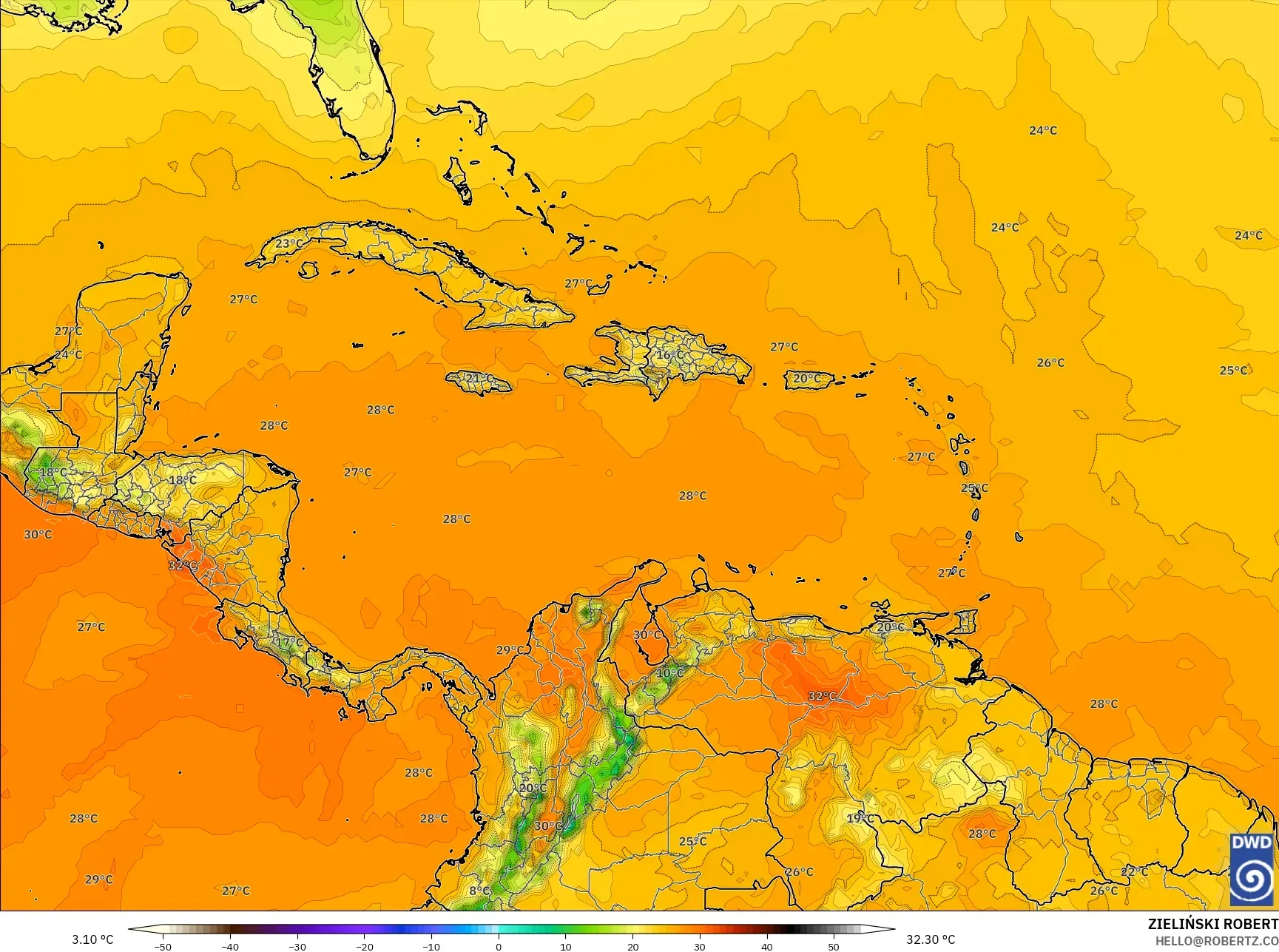 ICON modelo - Caribbean, Temperature at 2m