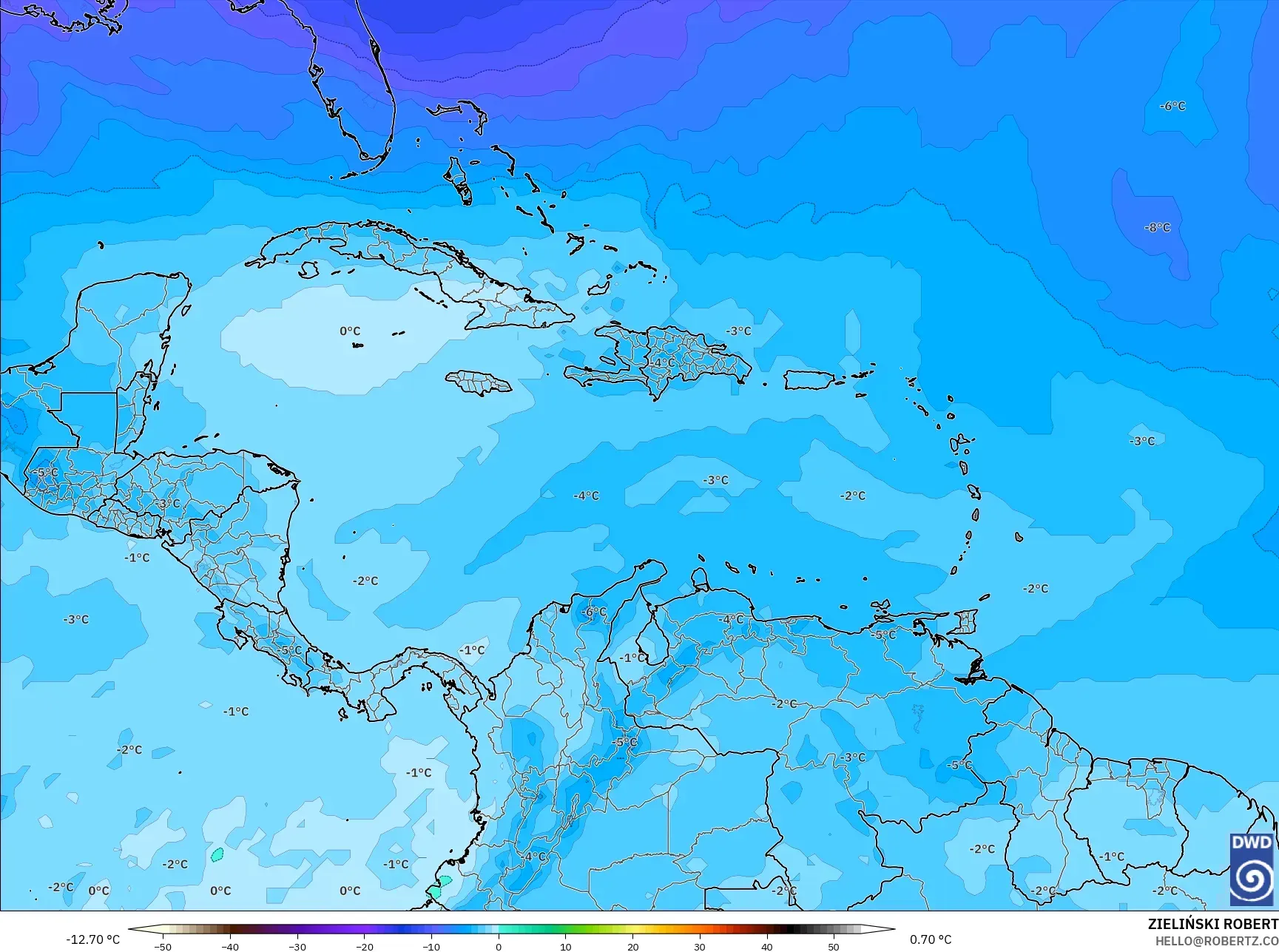 ICON model - Karibia, Suhu 500 hPa