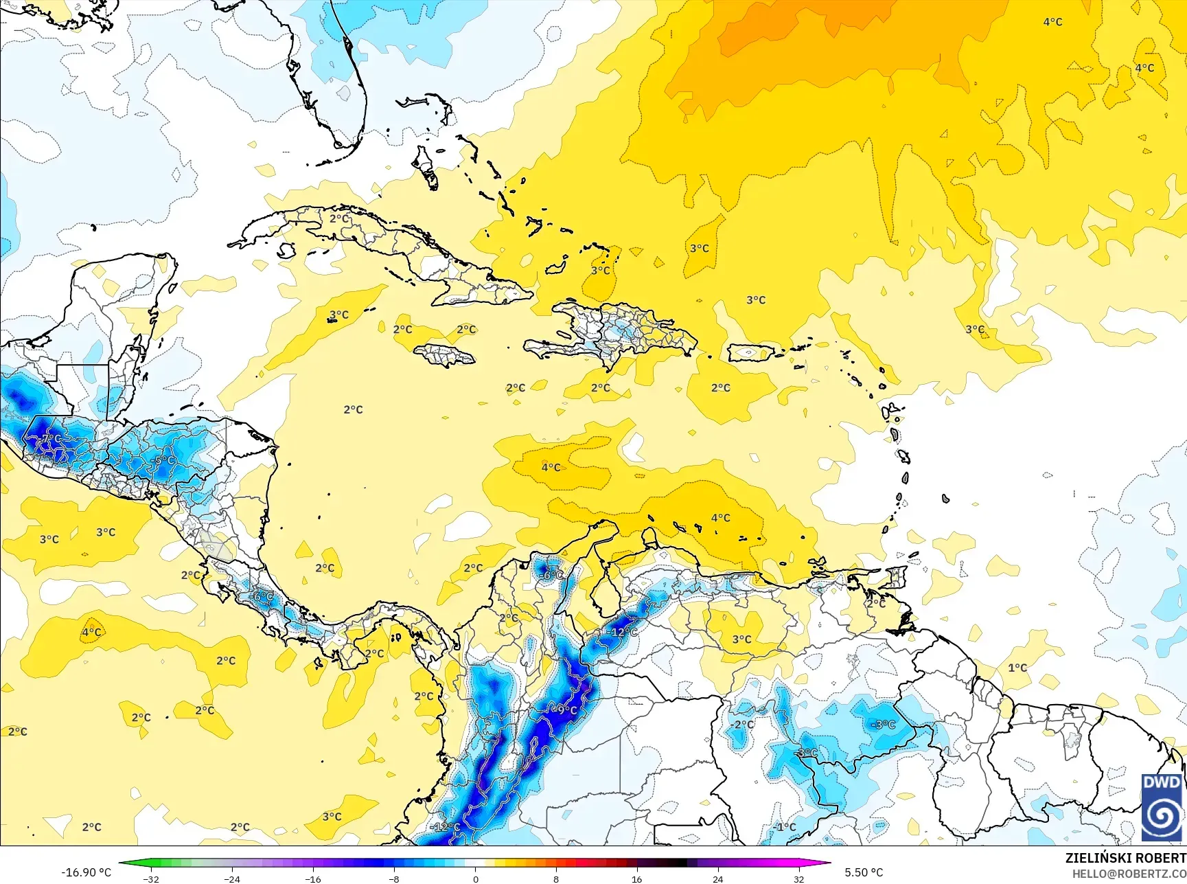 ICON model - Karibia, Anomali Suhu 850 hPa