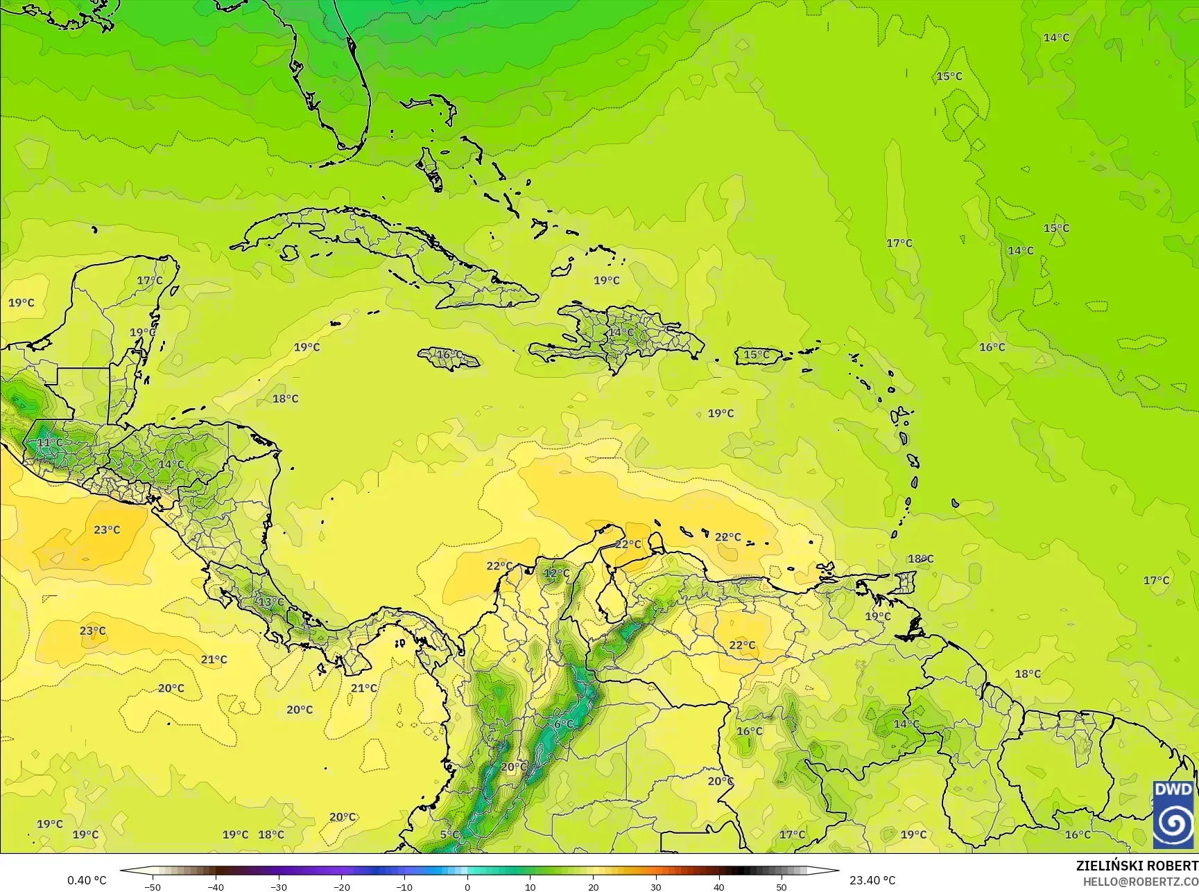 ICON model - Karibia, Suhu 850 hPa