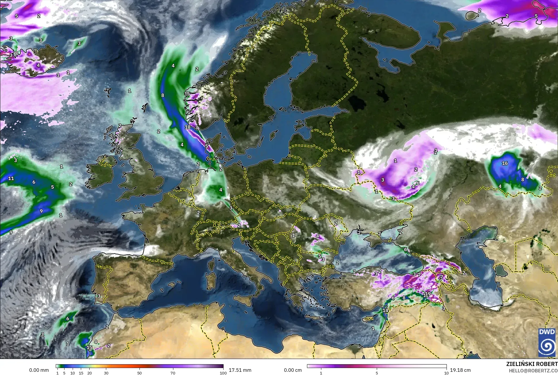 ICON modelo - Europe, Precipitation, Clouds, and Pressure