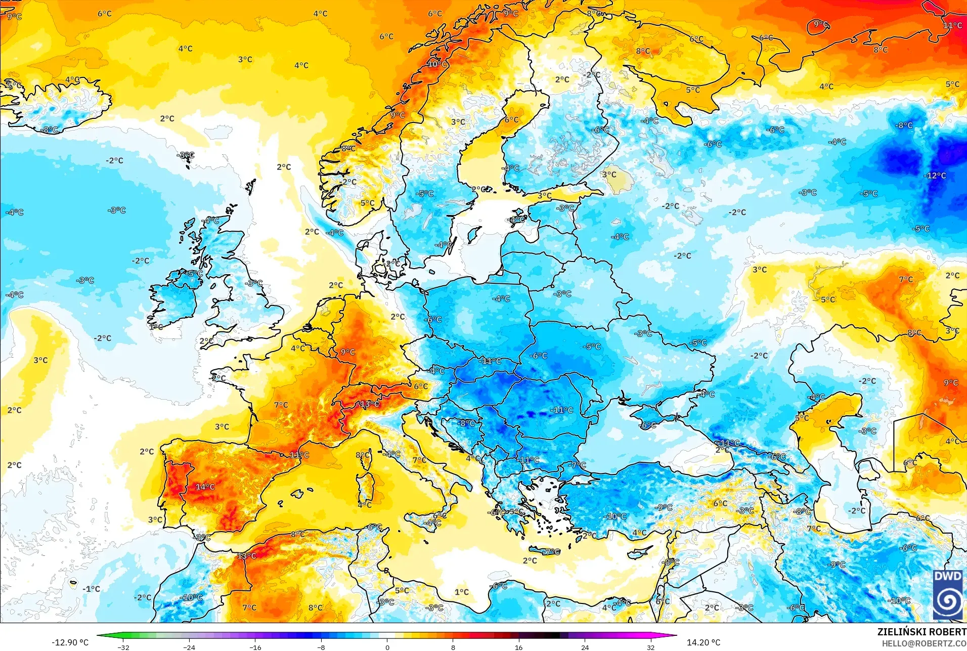 ICON model - Eropah, Anomali Suhu 2 m