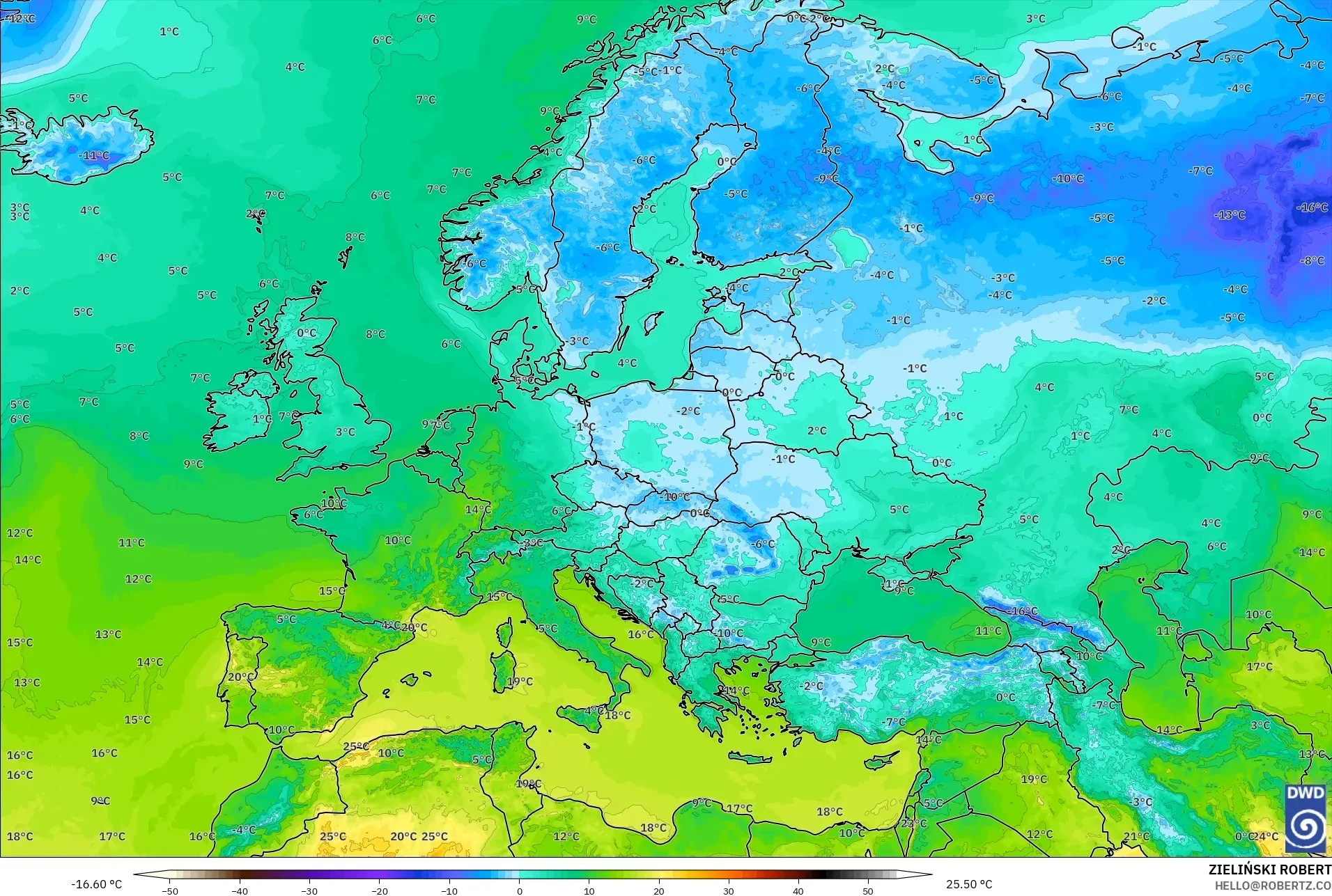 ICON model - Eropah, Suhu pada 2 m