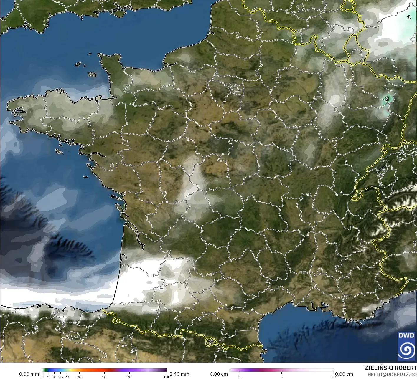 ICON modelo - France, Precipitation, Clouds, and Pressure