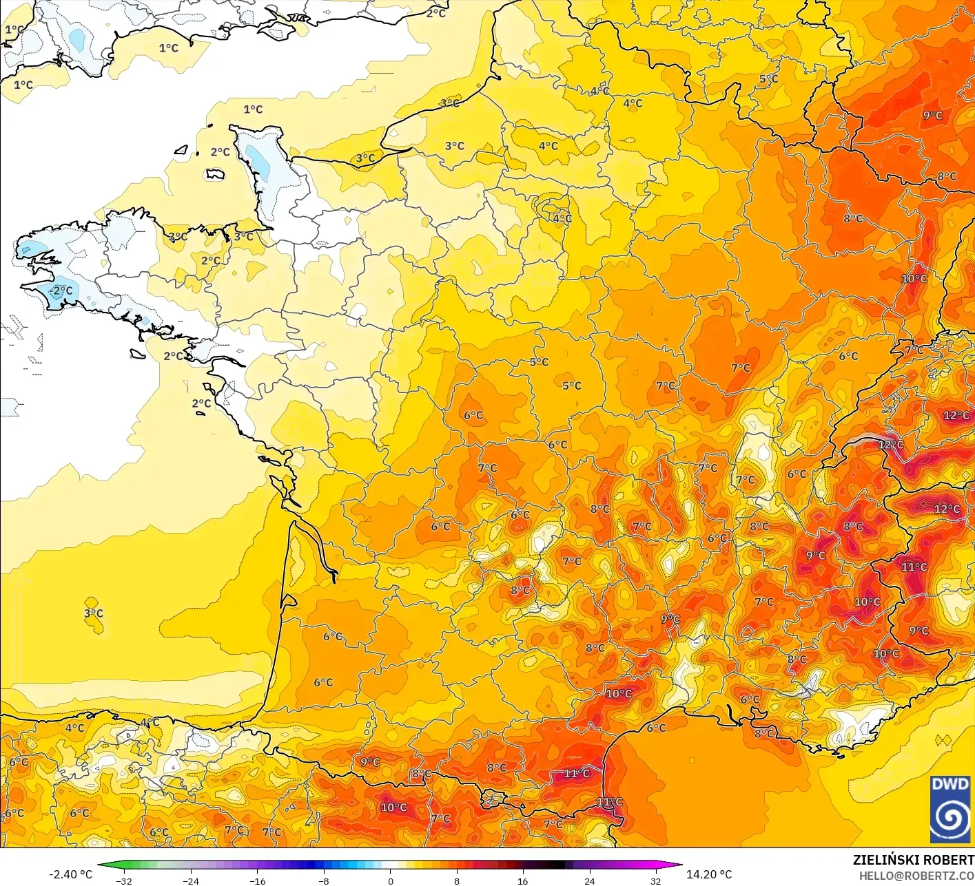 ICON model - Perancis, Anomali Suhu 2 m