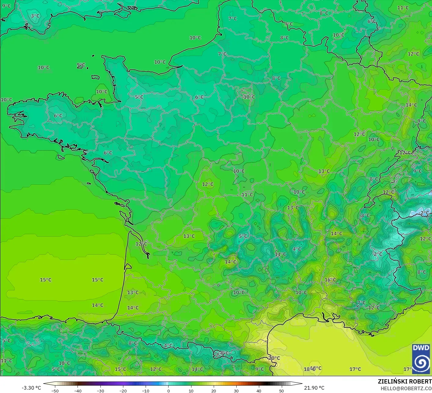 ICON modelo - France, Temperature at 2m