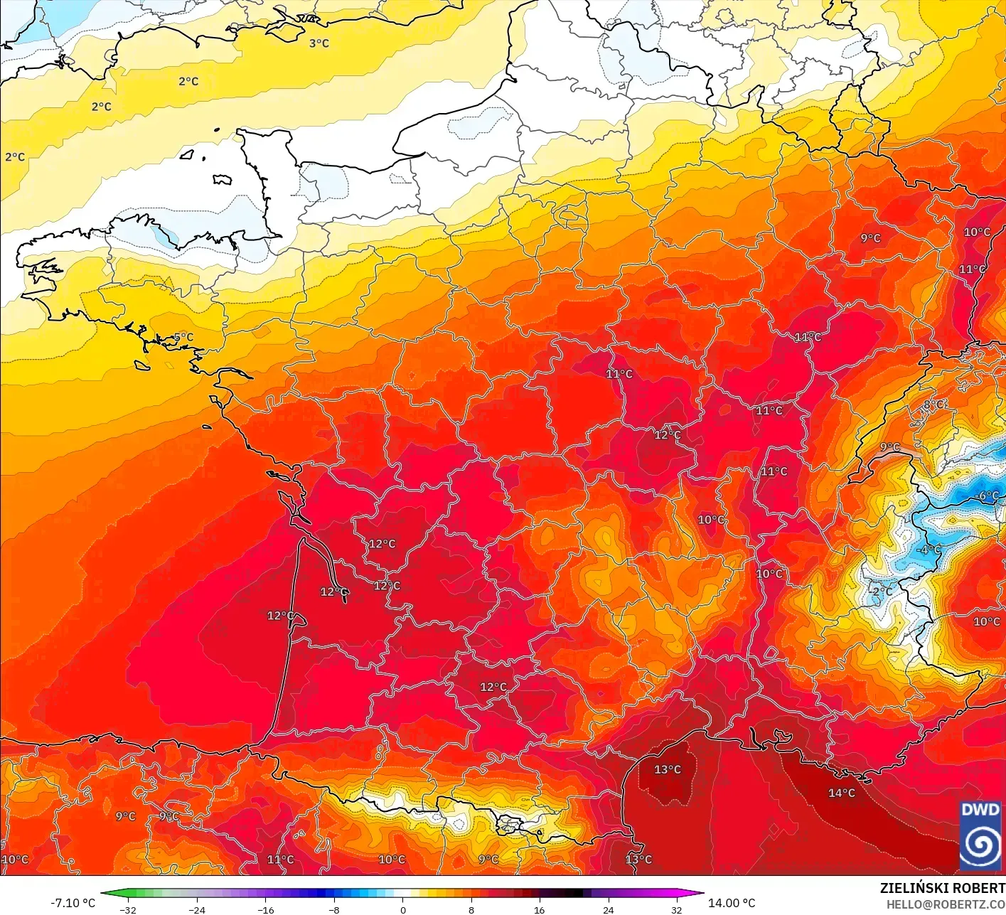 ICON model - Perancis, Anomali Suhu 850 hPa