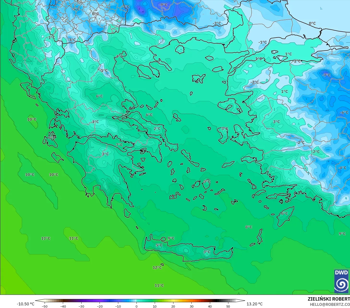 ICON model - Yunani, Suhu 850 hPa