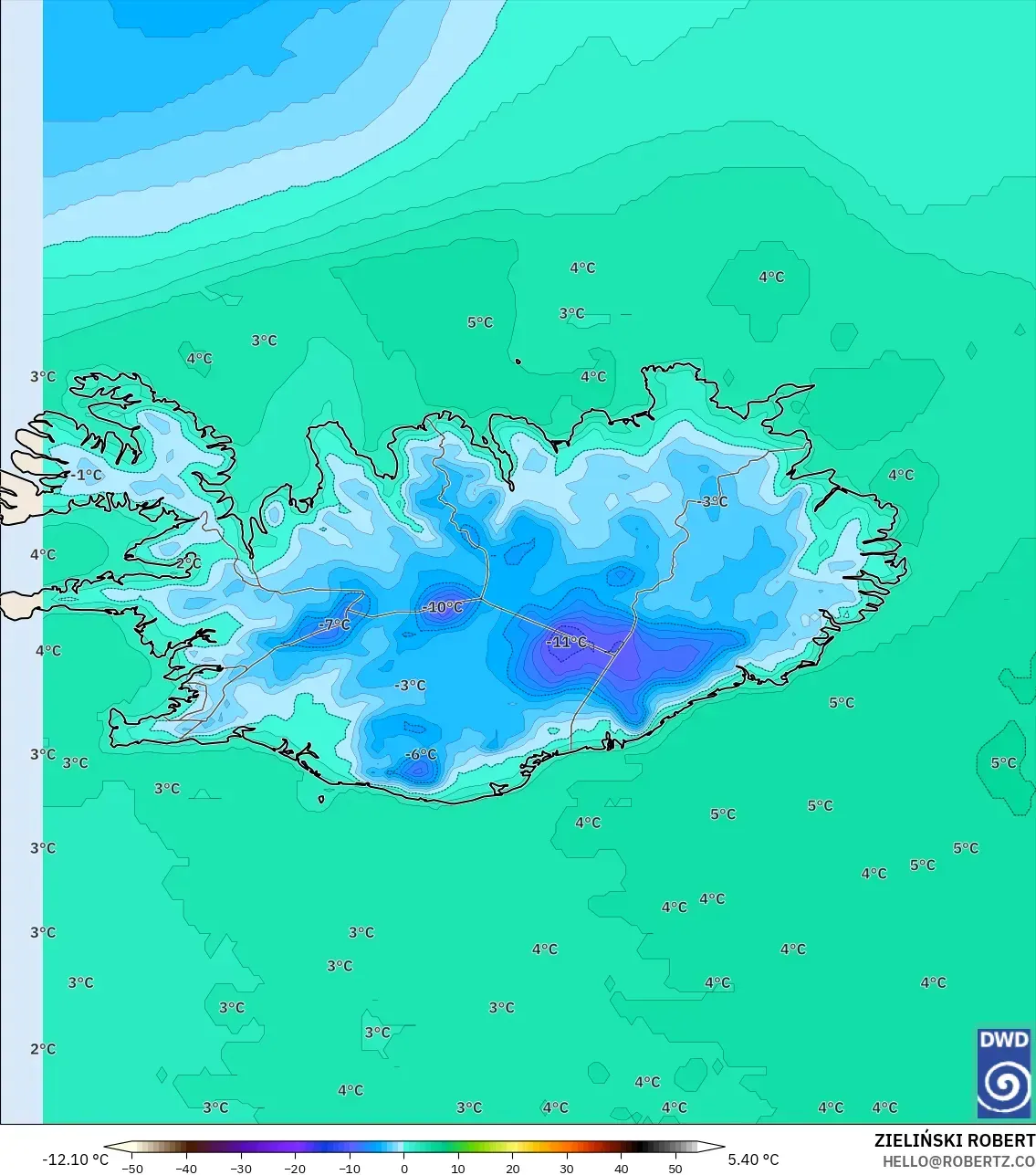 ICON model - Iceland, Suhu pada 2 m